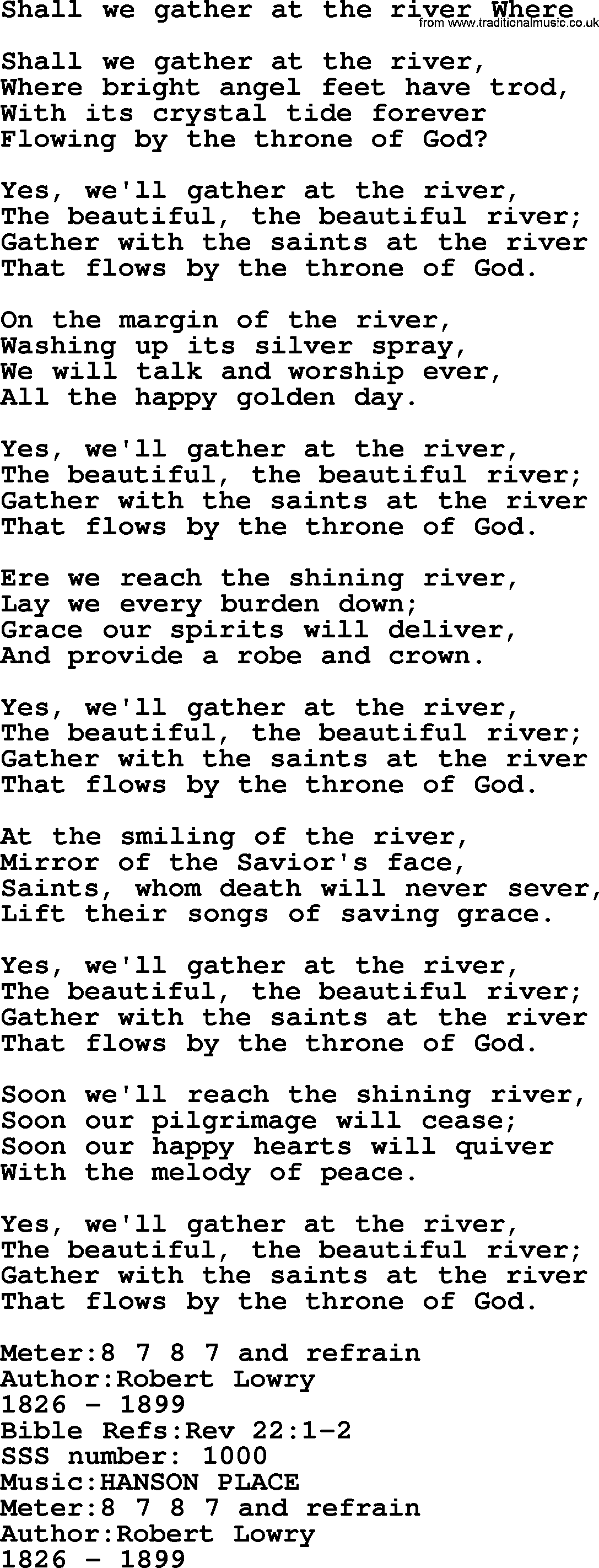 Sacred Songs and Solos complete, 1200 Hymns, title: Shall We Gather At The River Where, lyrics and PDF