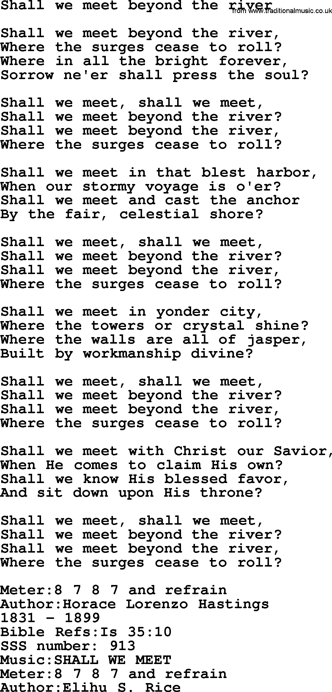 Sacred Songs and Solos complete, 1200 Hymns, title: Shall We Meet Beyond The River, lyrics and PDF