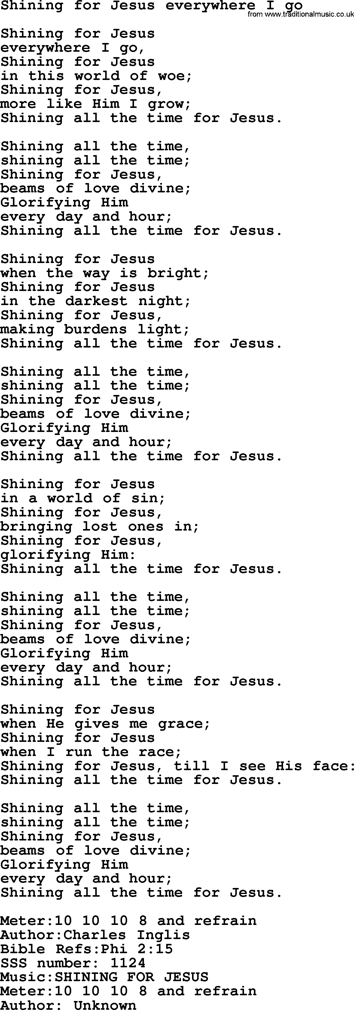 Sacred Songs and Solos complete, 1200 Hymns, title: Shining For Jesus Everywhere I Go, lyrics and PDF