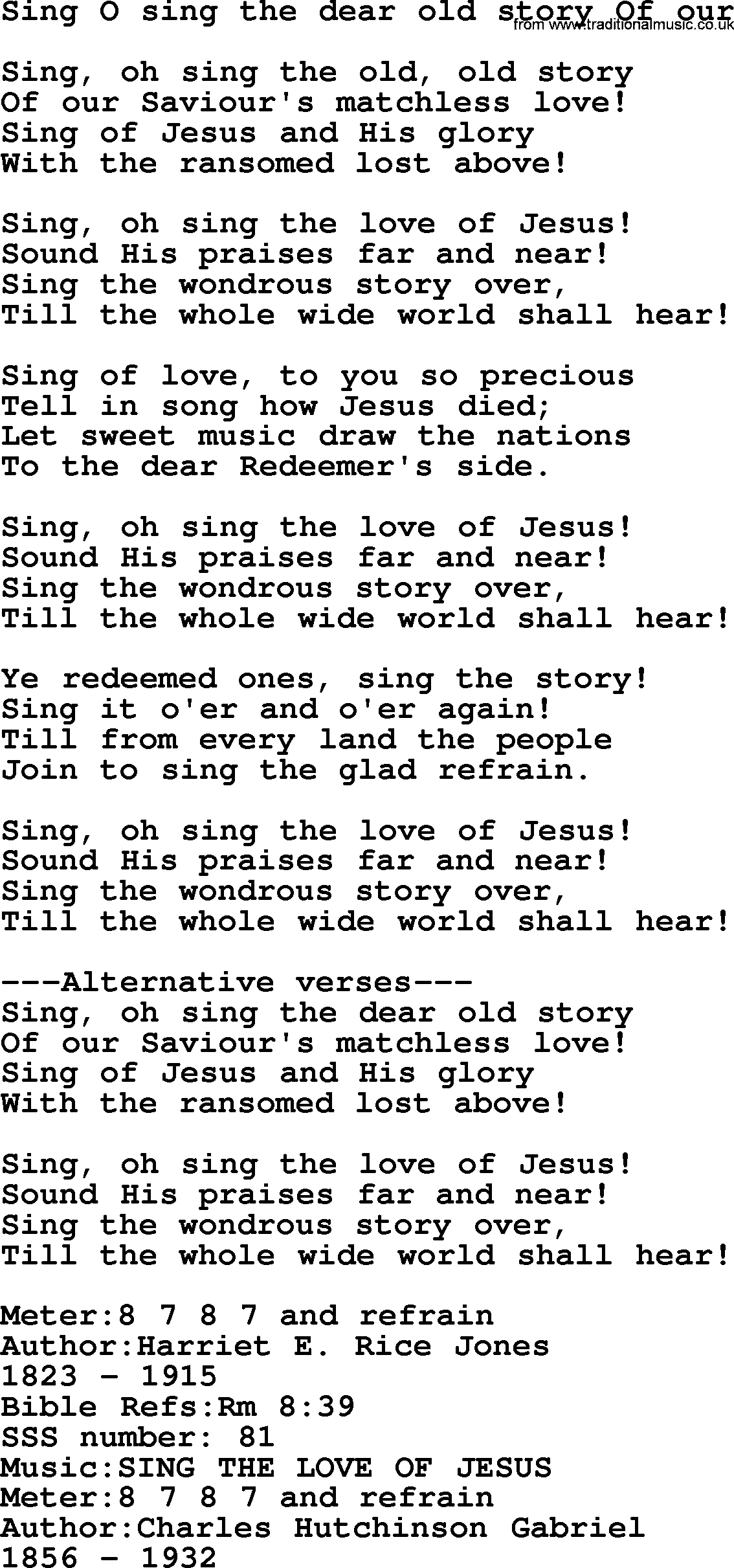 Sacred Songs and Solos complete, 1200 Hymns, title: Sing O Sing The Dear Old Story Of Our, lyrics and PDF