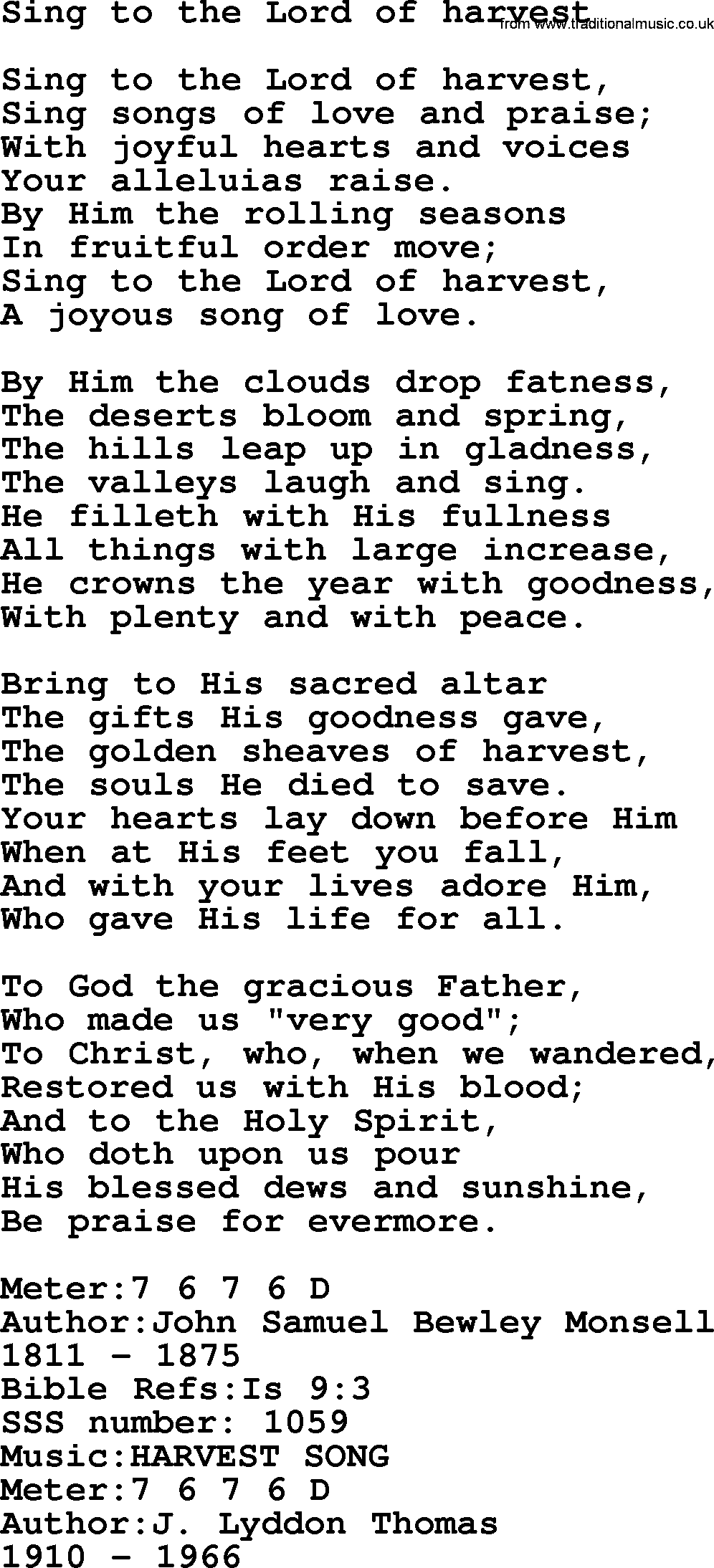 Sacred Songs and Solos complete, 1200 Hymns, title: Sing To The Lord Of Harvest, lyrics and PDF