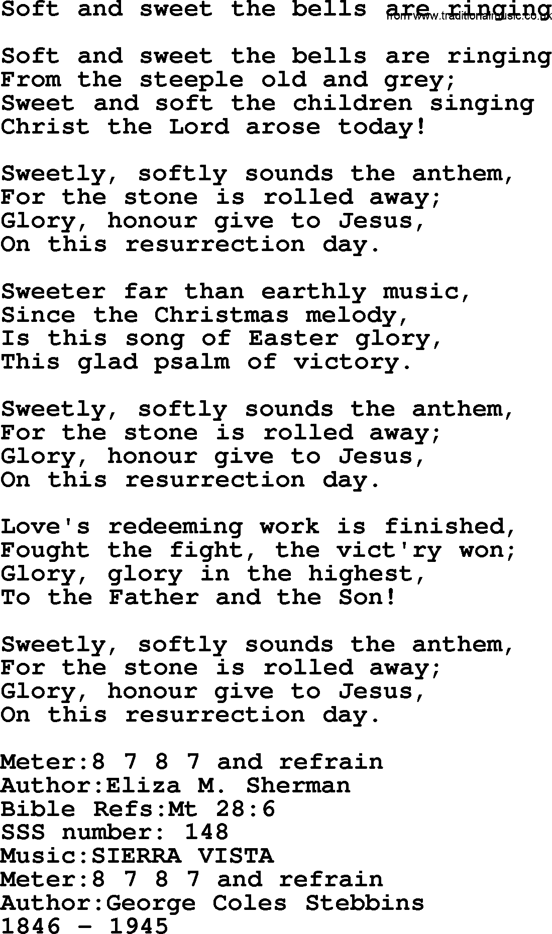 Sacred Songs and Solos complete, 1200 Hymns, title: Soft And Sweet The Bells Are Ringing, lyrics and PDF