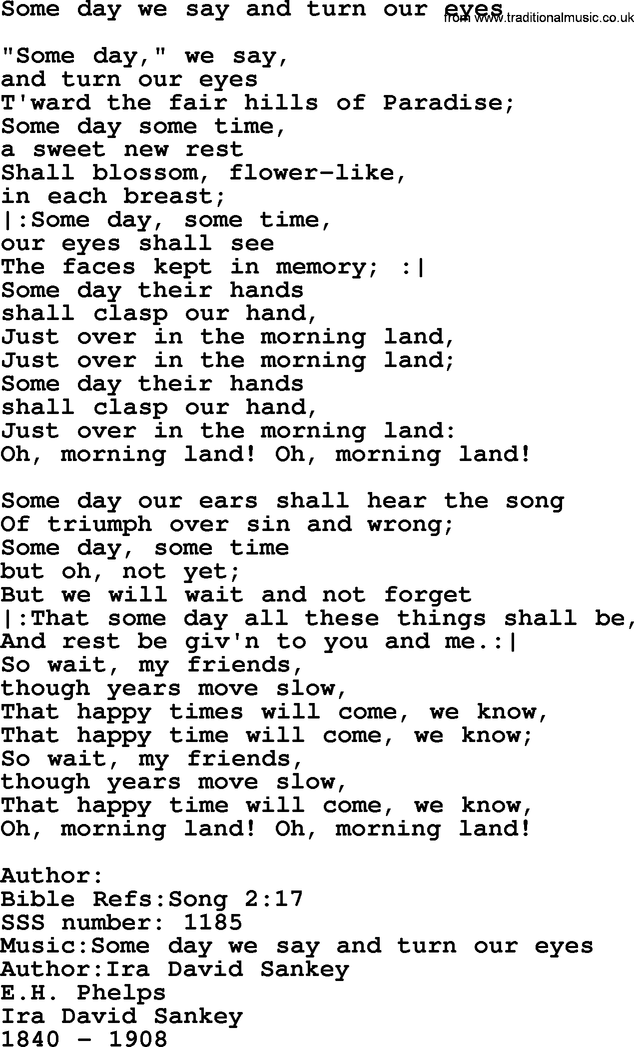 Sacred Songs and Solos complete, 1200 Hymns, title: Some Day We Say And Turn Our Eyes, lyrics and PDF