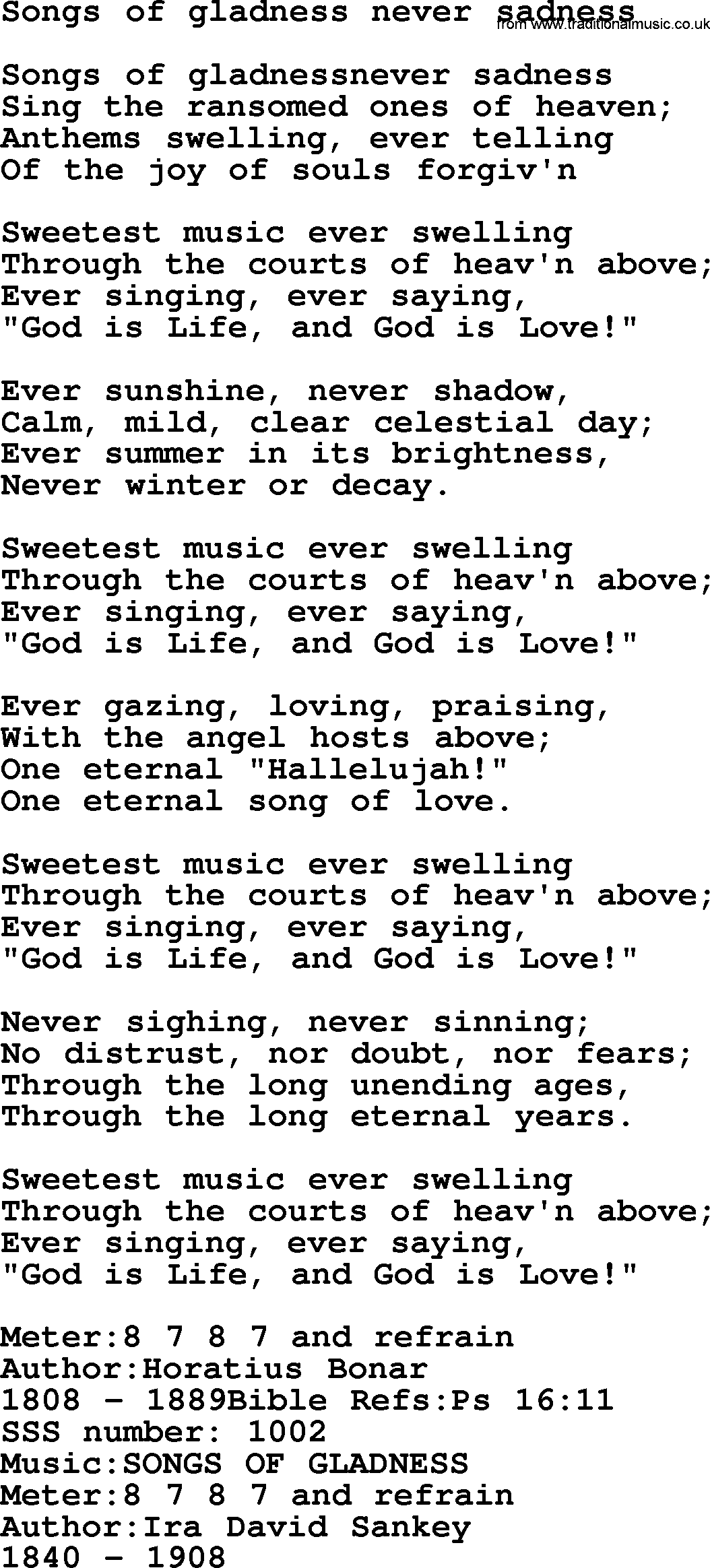 Sacred Songs and Solos complete, 1200 Hymns, title: Songs Of Gladness Never Sadness, lyrics and PDF