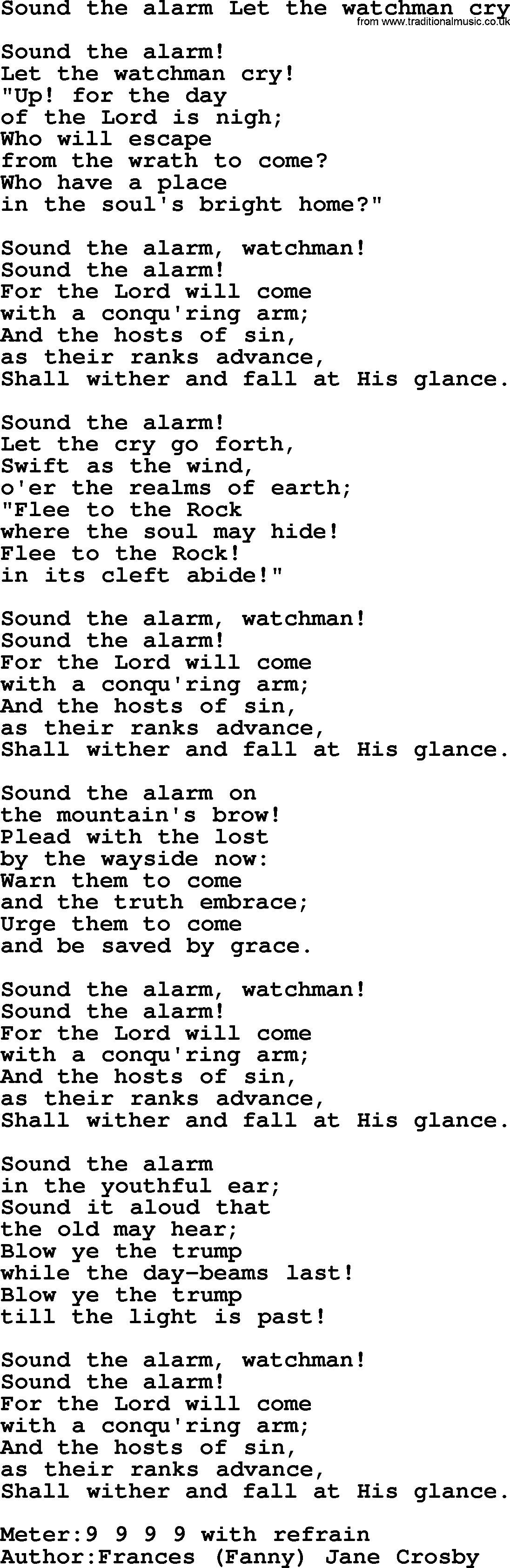 Sacred Songs and Solos complete, 1200 Hymns, title: Sound The Alarm Let The Watchman Cry, lyrics and PDF