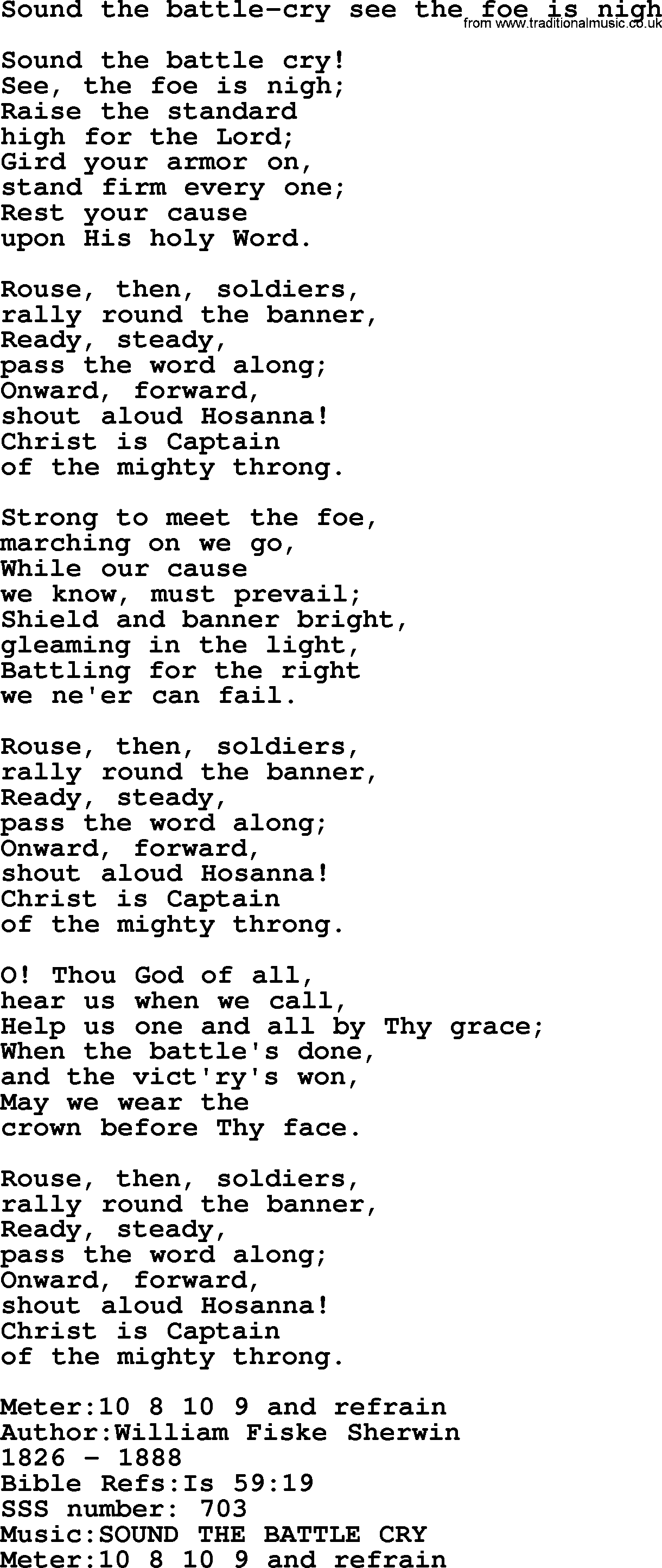 Sacred Songs and Solos complete, 1200 Hymns, title: Sound The Battle-Cry See The Foe Is Nigh, lyrics and PDF