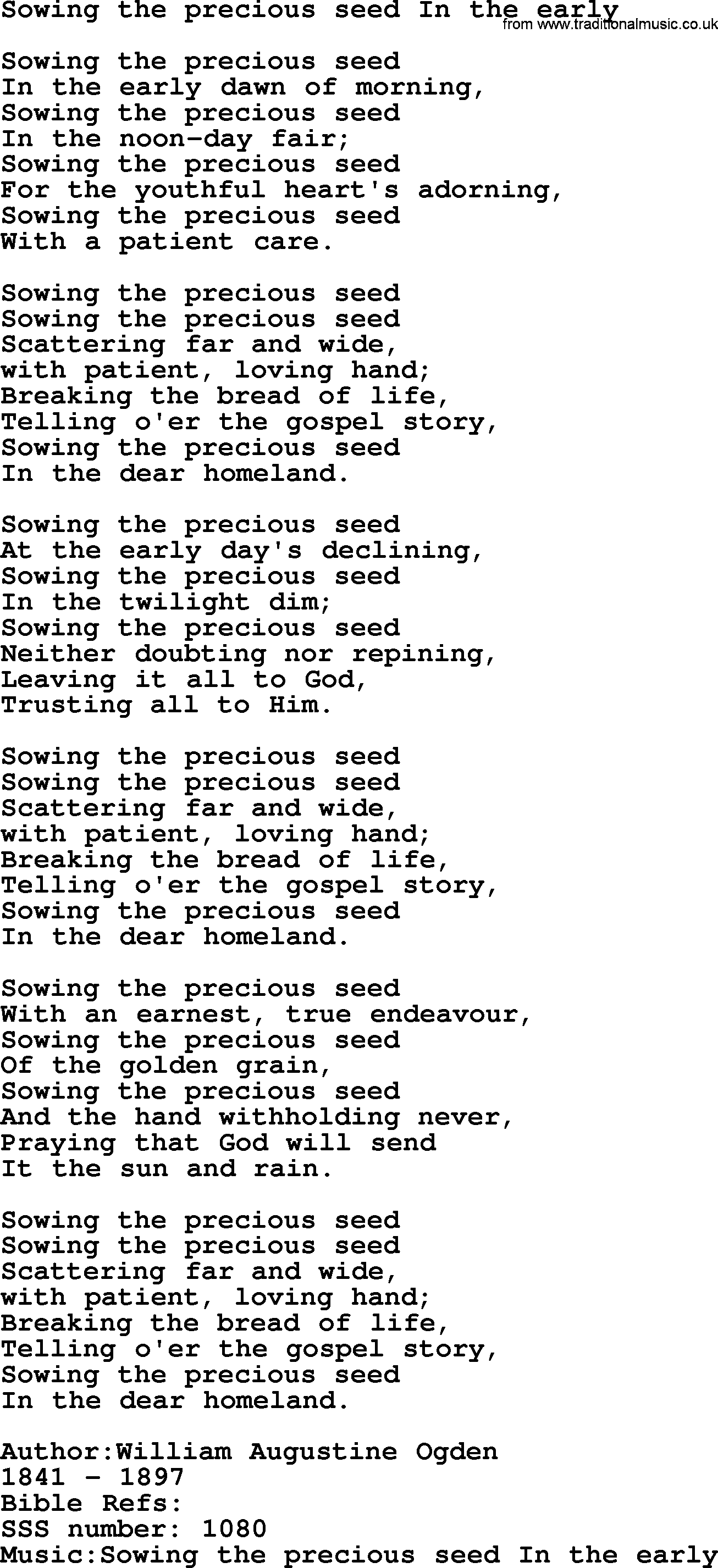 Sacred Songs and Solos complete, 1200 Hymns, title: Sowing The Precious Seed In The Early, lyrics and PDF