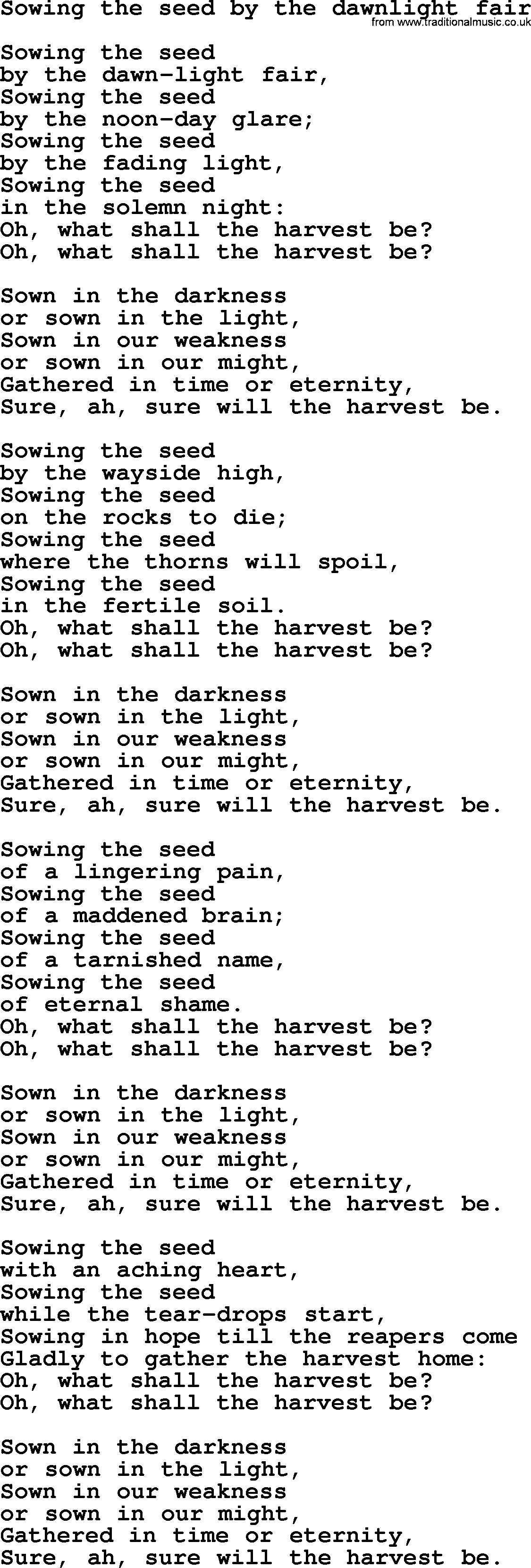 Sacred Songs and Solos complete, 1200 Hymns, title: Sowing The Seed By The Dawnlight Fair, lyrics and PDF