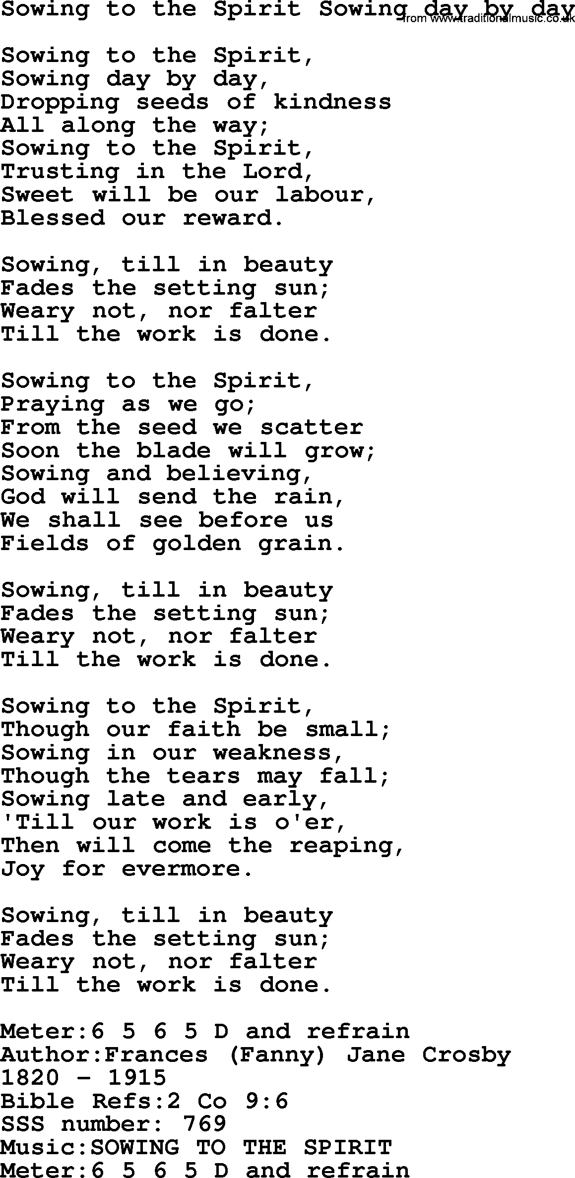 Sacred Songs and Solos complete, 1200 Hymns, title: Sowing To The Spirit Sowing Day By Day, lyrics and PDF