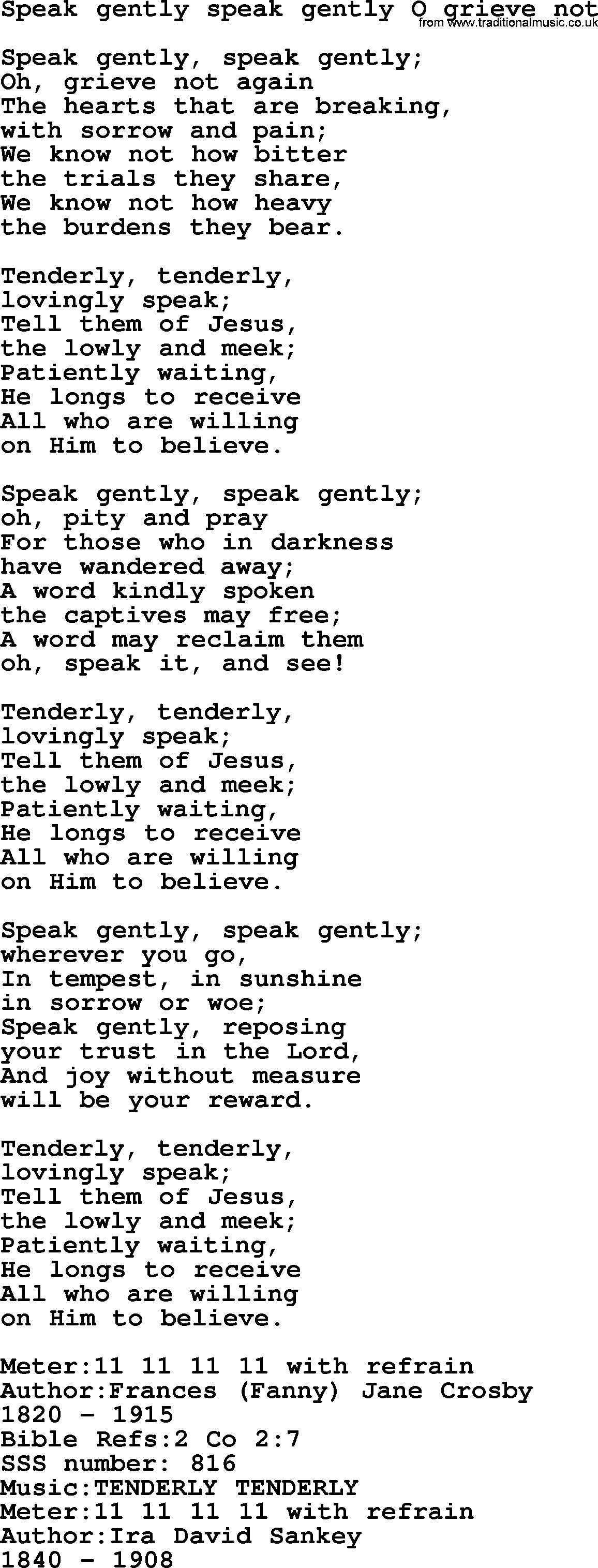 Sacred Songs and Solos complete, 1200 Hymns, title: Speak Gently Speak Gently O Grieve Not, lyrics and PDF
