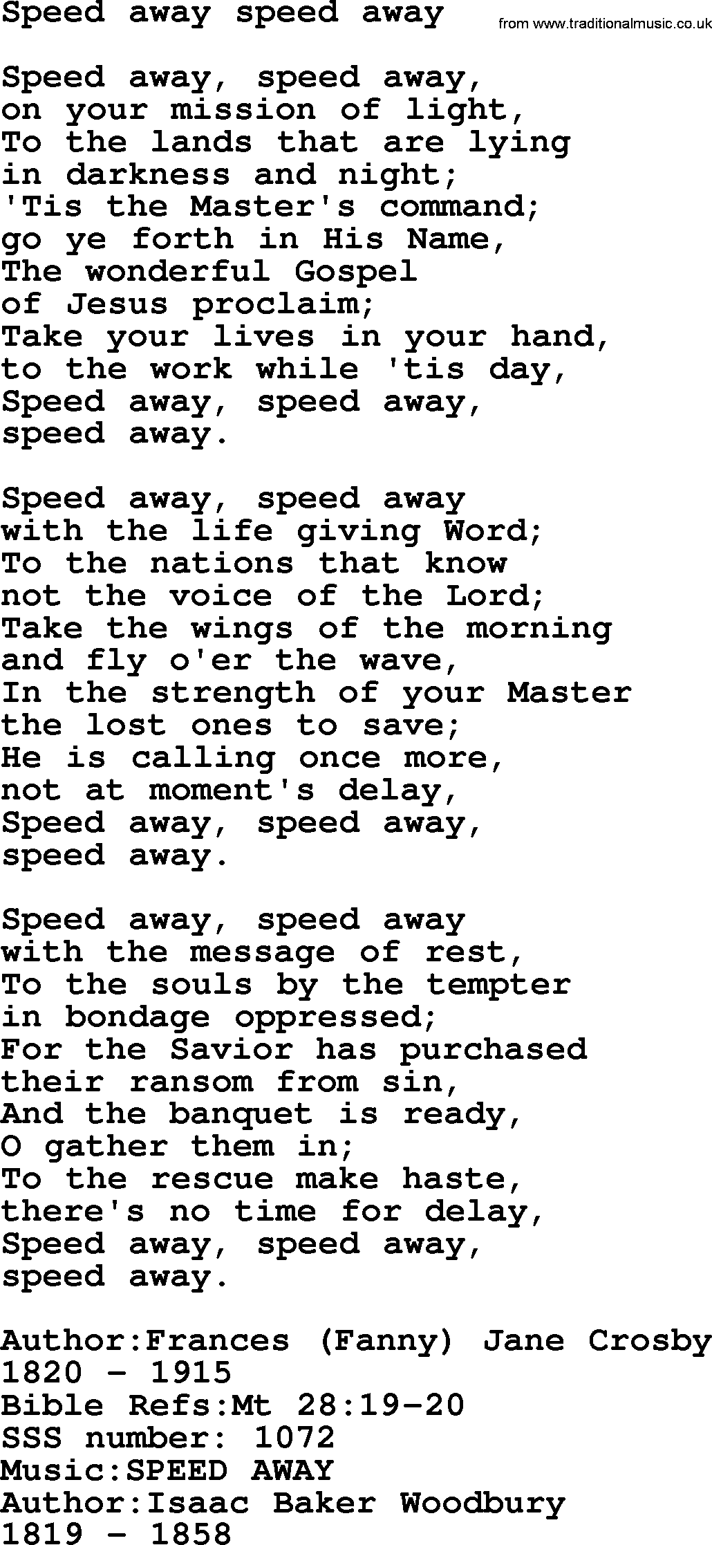 Sacred Songs and Solos complete, 1200 Hymns, title: Speed Away Speed Away, lyrics and PDF