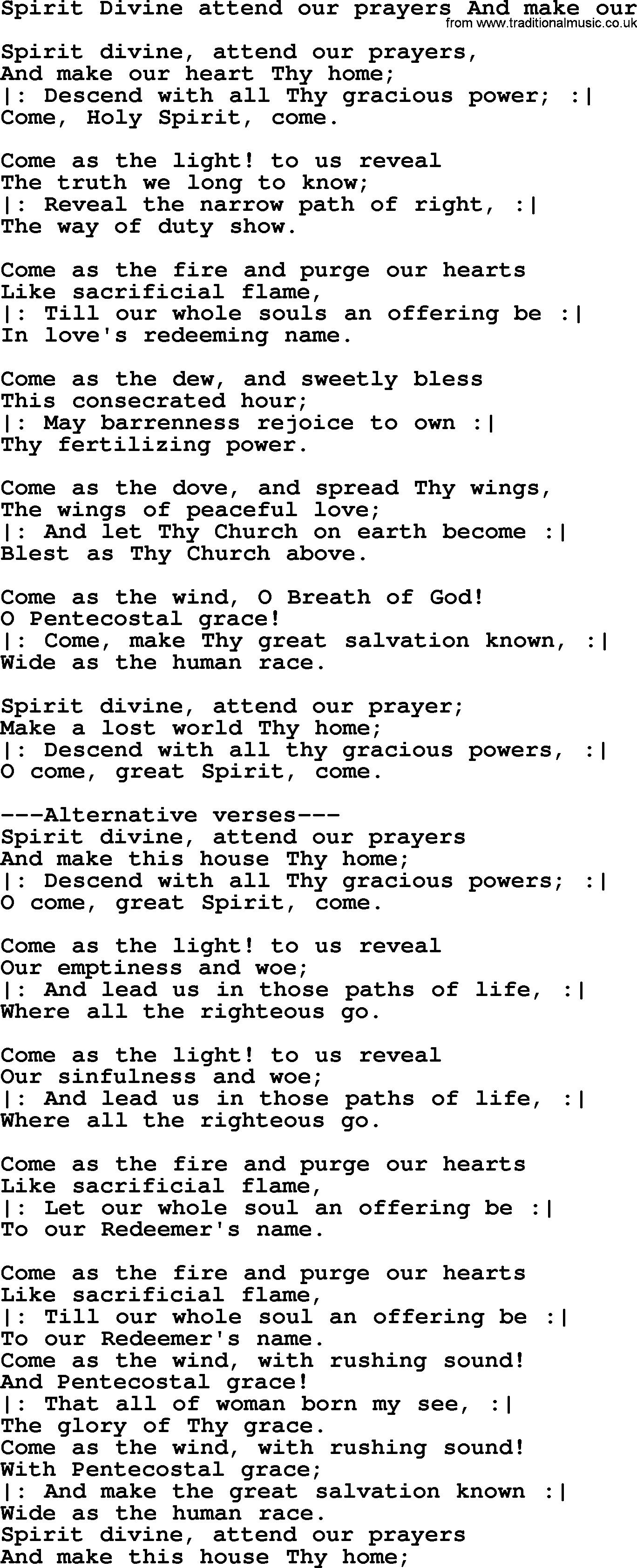 Sacred Songs and Solos complete, 1200 Hymns, title: Spirit Divine Attend Our Prayers And Make Our, lyrics and PDF