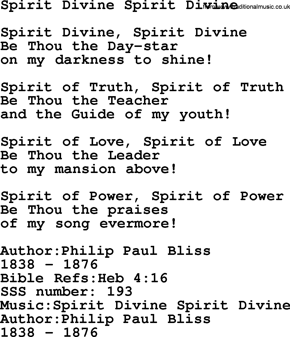 Sacred Songs and Solos complete, 1200 Hymns, title: Spirit Divine Spirit Divine, lyrics and PDF