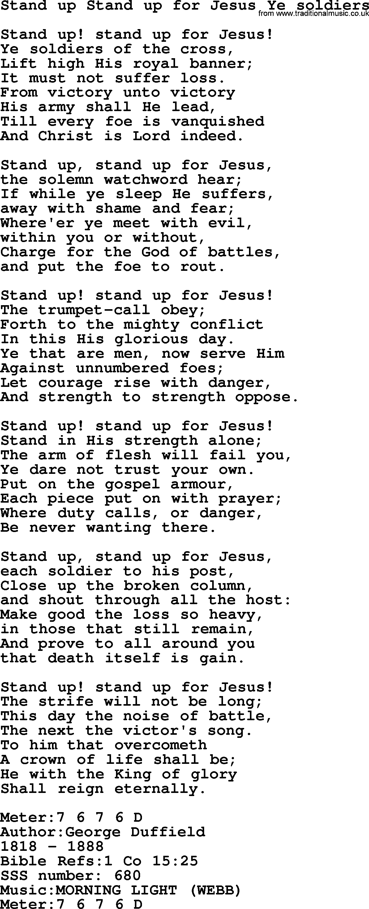 Sacred Songs and Solos complete, 1200 Hymns, title: Stand Up Stand Up For Jesus Ye Soldiers, lyrics and PDF