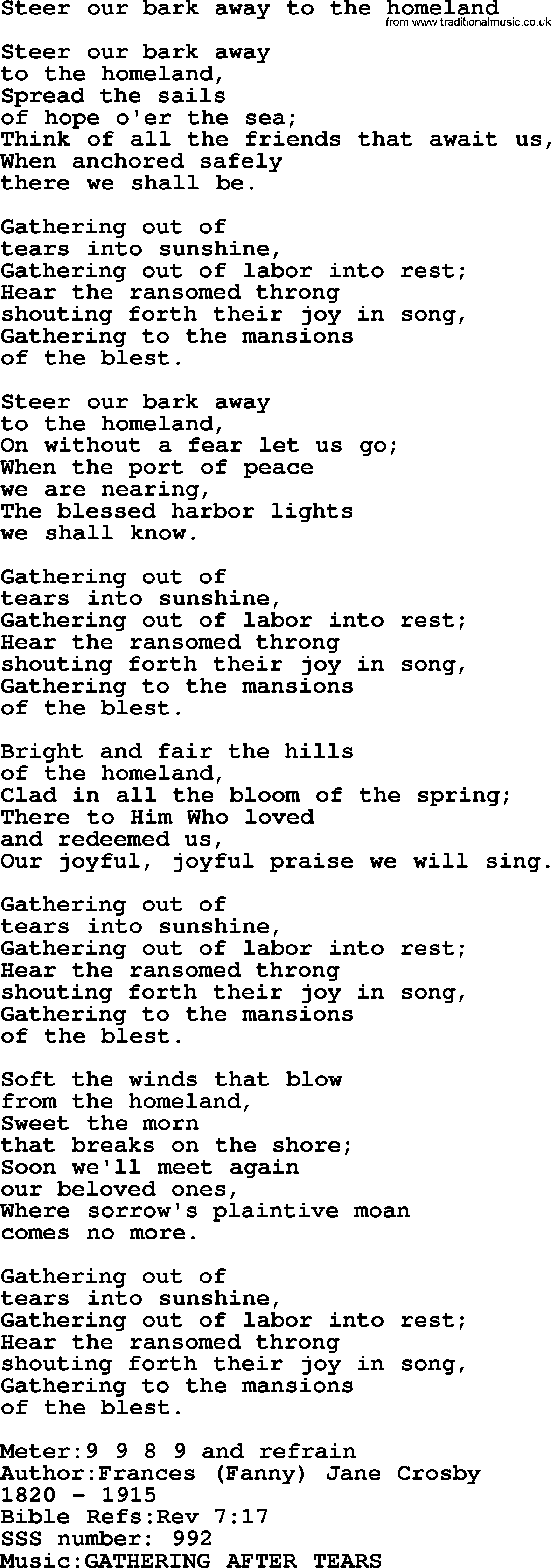 Sacred Songs and Solos complete, 1200 Hymns, title: Steer Our Bark Away To The Homeland, lyrics and PDF