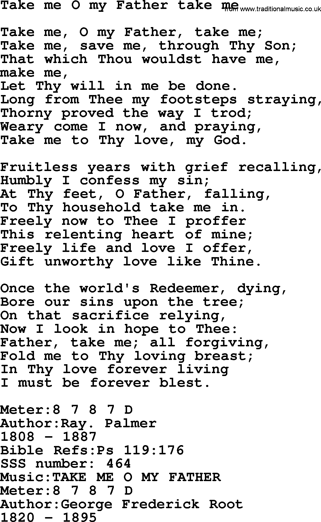 Sacred Songs and Solos complete, 1200 Hymns, title: Take Me O My Father Take Me, lyrics and PDF