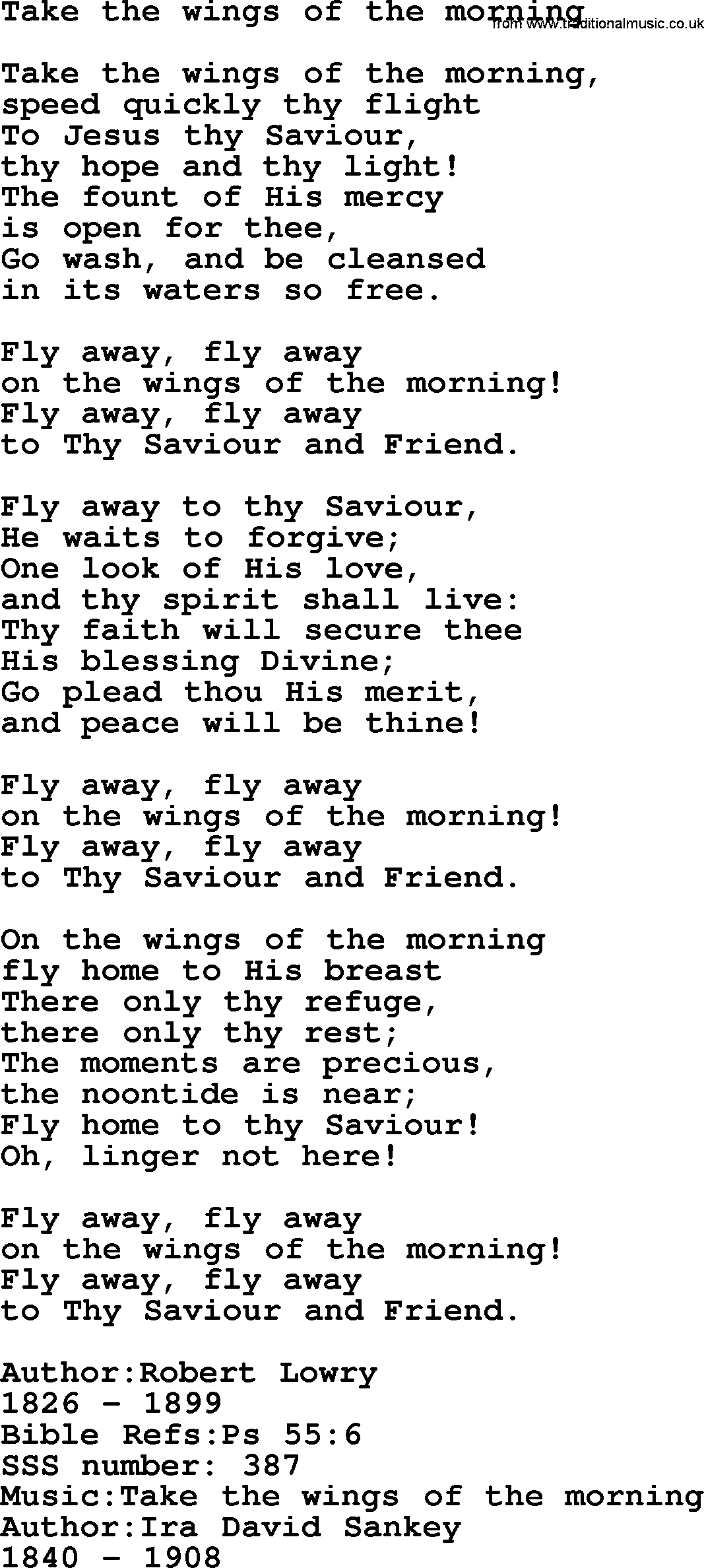 Sacred Songs and Solos complete, 1200 Hymns, title: Take The Wings Of The Morning, lyrics and PDF