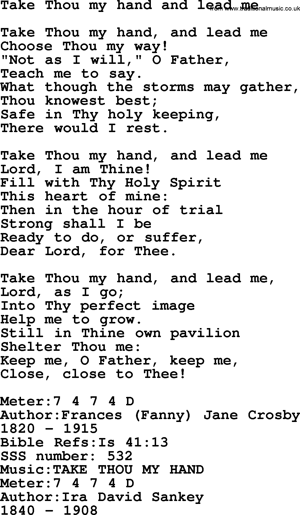 Sacred Songs and Solos complete, 1200 Hymns, title: Take Thou My Hand And Lead Me, lyrics and PDF