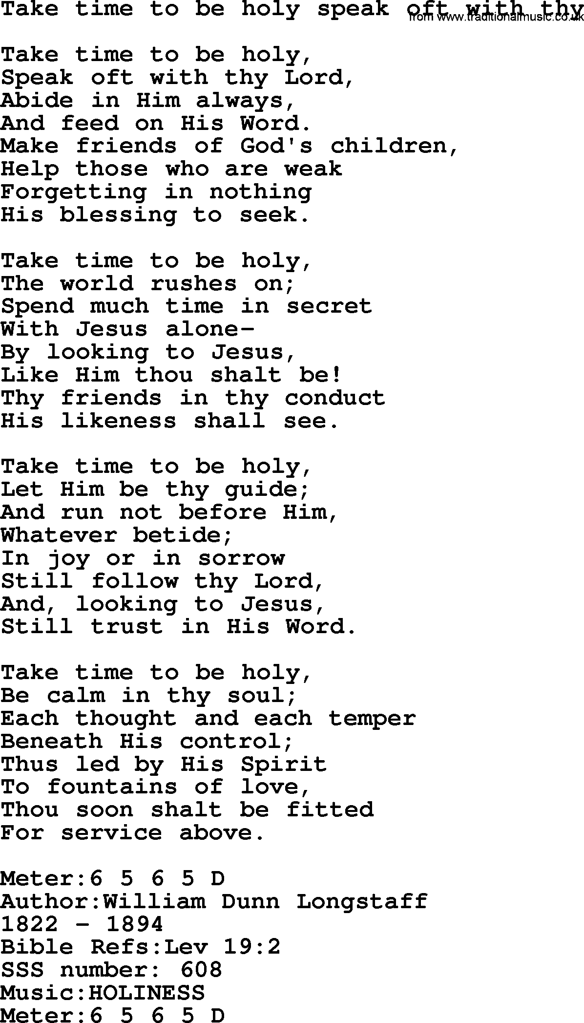 Sacred Songs and Solos complete, 1200 Hymns, title: Take Time To Be Holy Speak Oft With Thy, lyrics and PDF