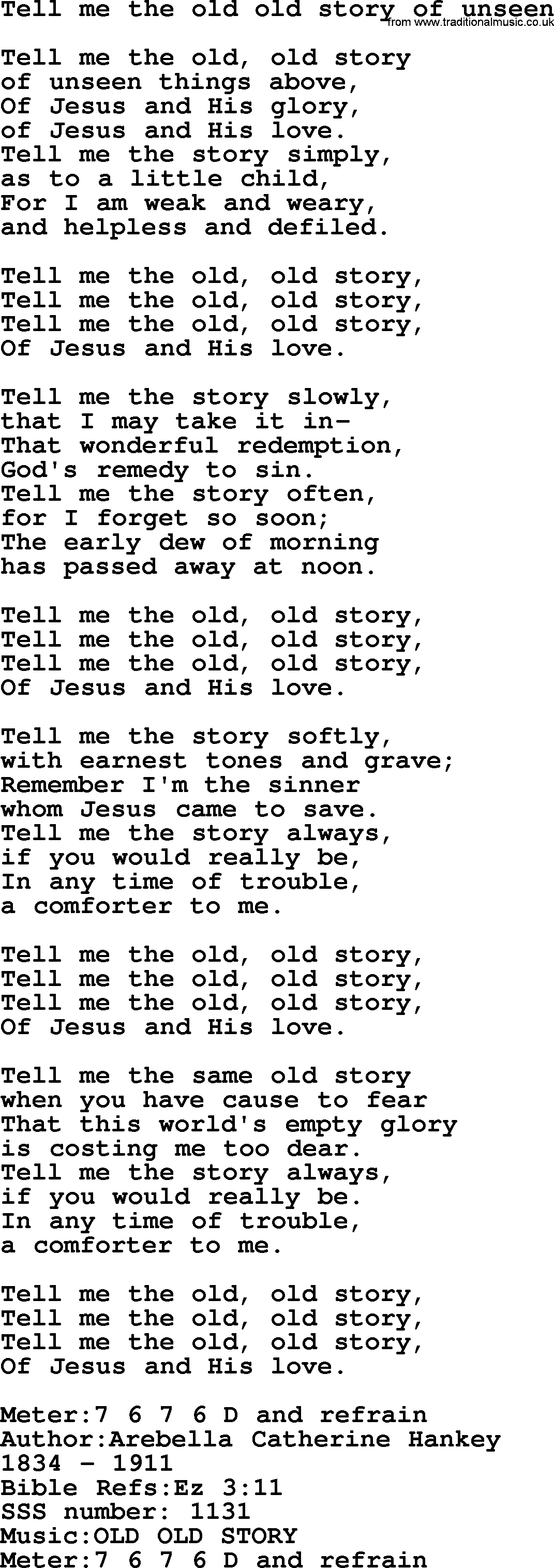 Sacred Songs and Solos complete, 1200 Hymns, title: Tell Me The Old Old Story Of Unseen, lyrics and PDF