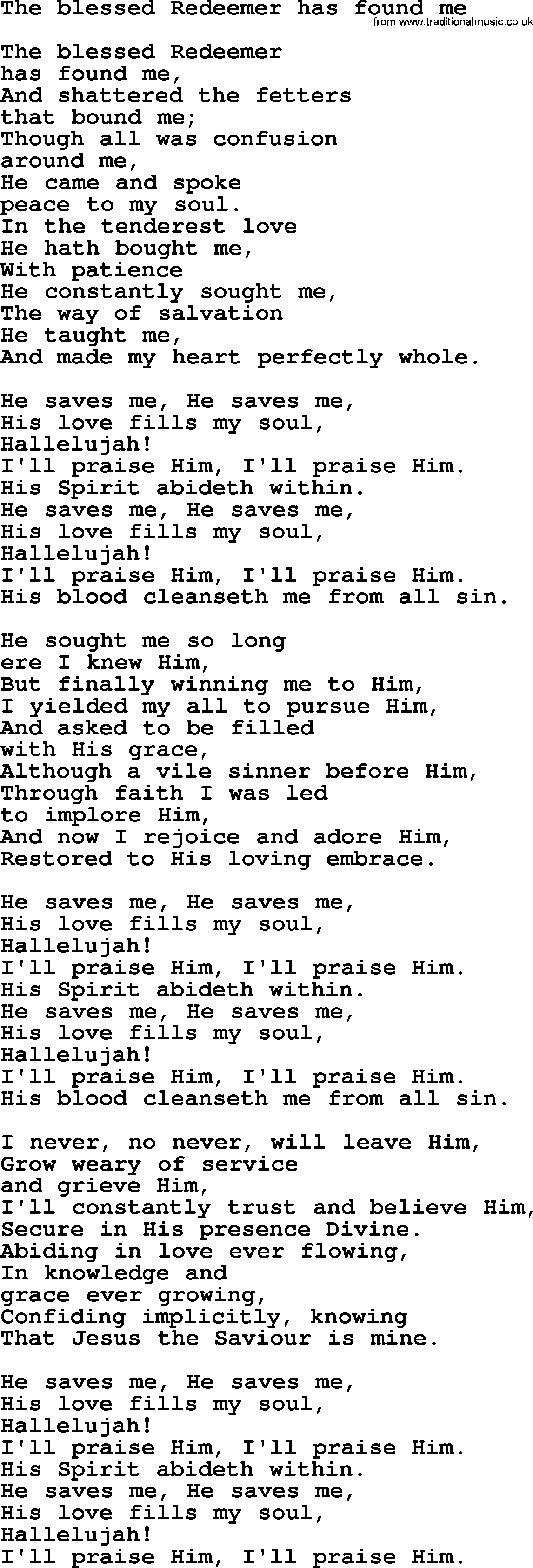 Sacred Songs and Solos complete, 1200 Hymns, title: The Blessed Redeemer Has Found Me, lyrics and PDF