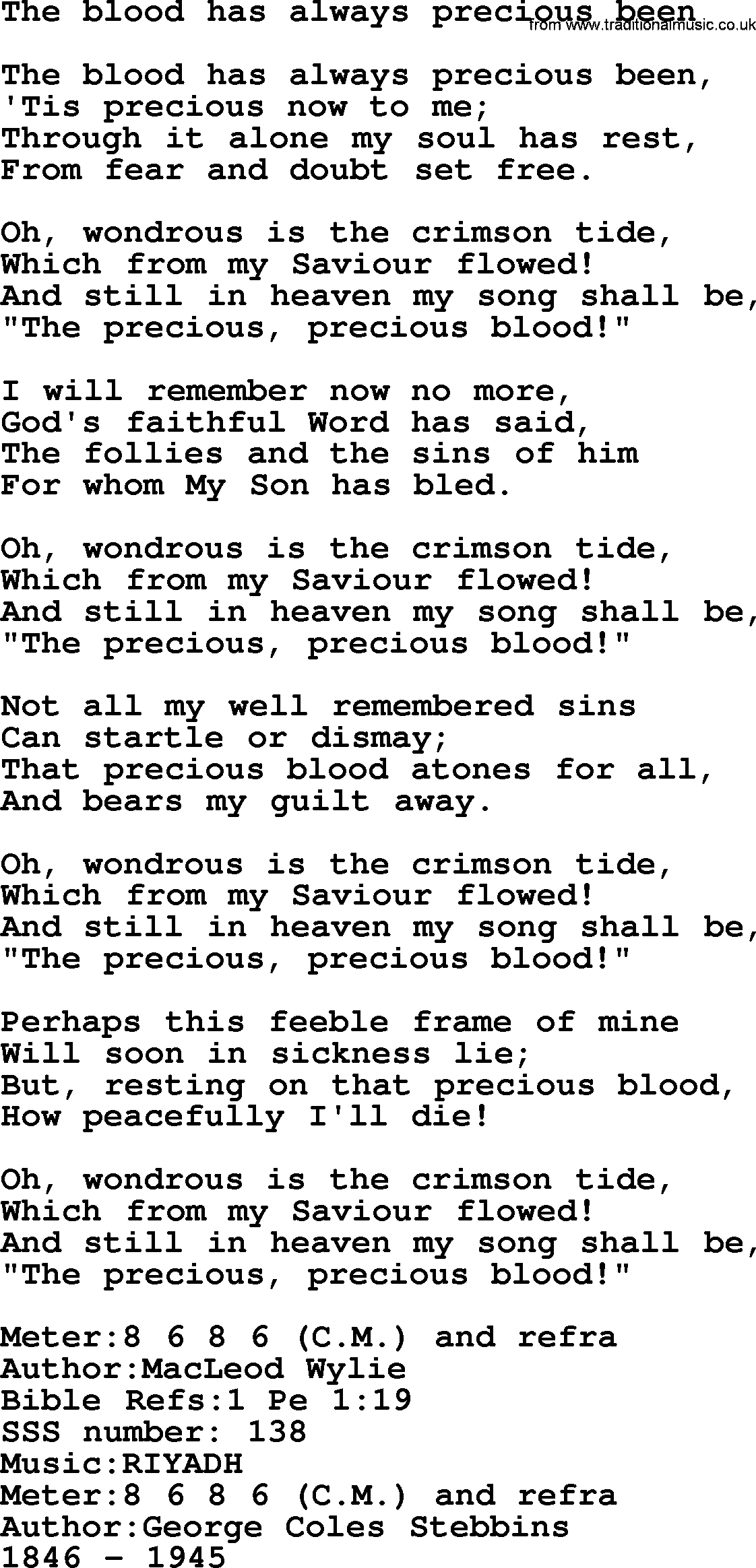 Sacred Songs and Solos complete, 1200 Hymns, title: The Blood Has Always Precious Been, lyrics and PDF