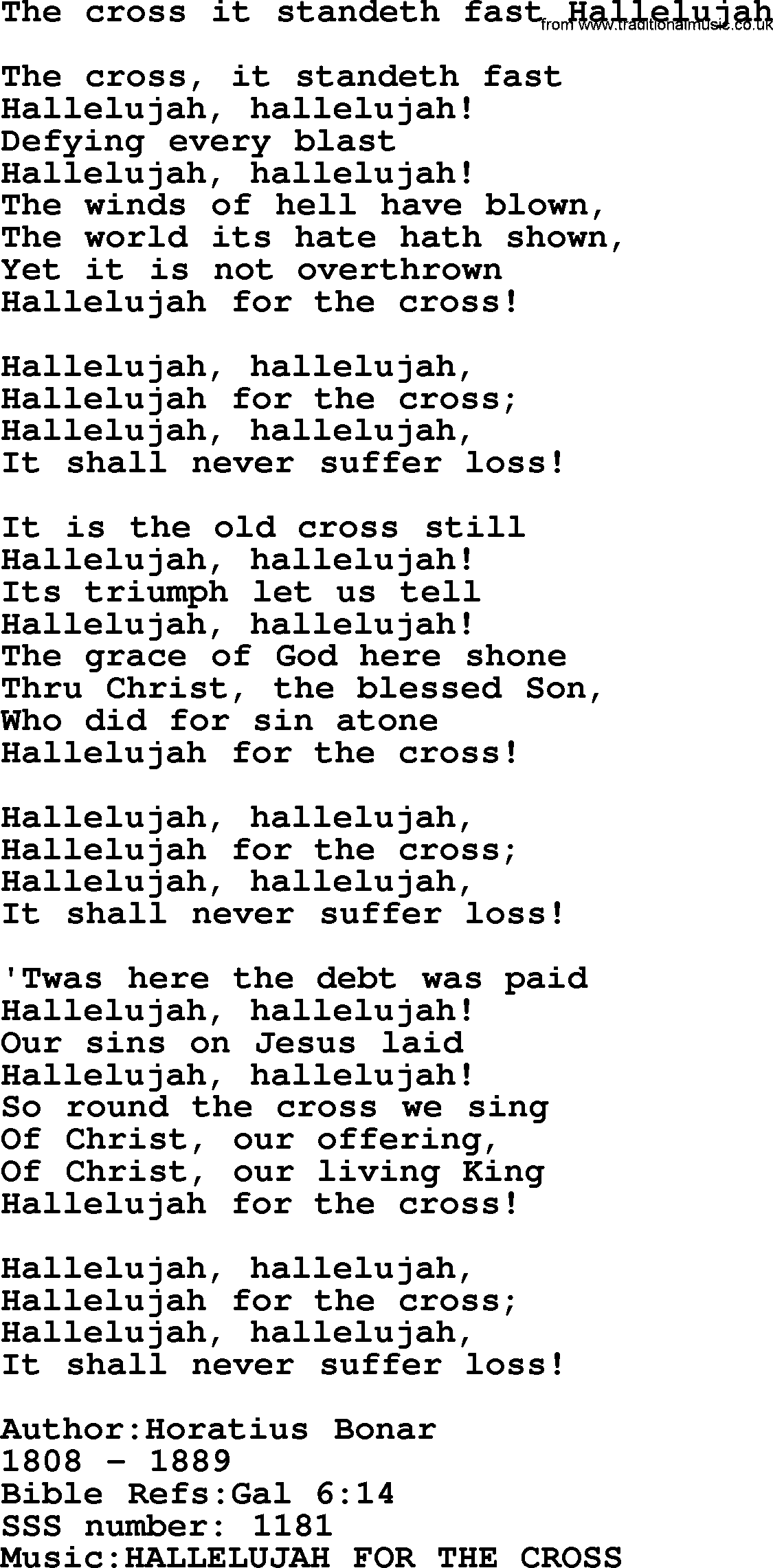 Sacred Songs and Solos complete, 1200 Hymns, title: The Cross It Standeth Fast Hallelujah, lyrics and PDF