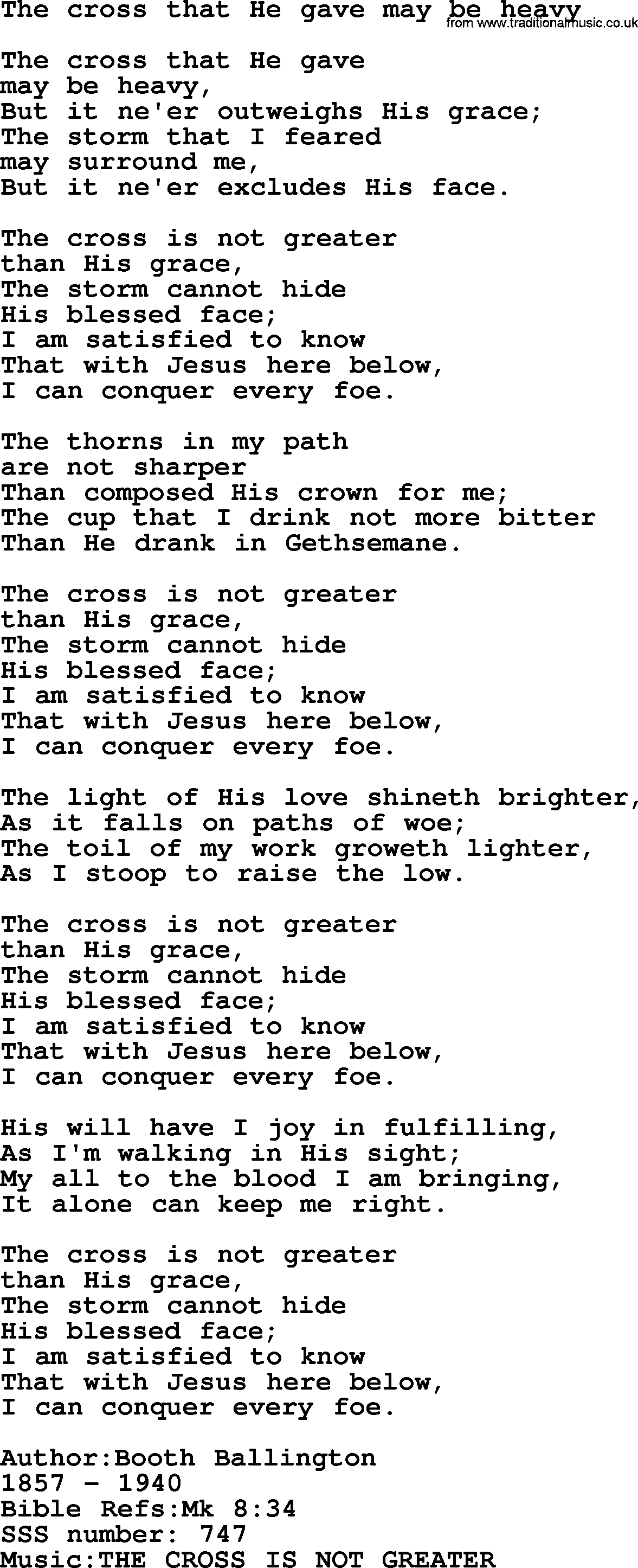 Sacred Songs and Solos complete, 1200 Hymns, title: The Cross That He Gave May Be Heavy, lyrics and PDF
