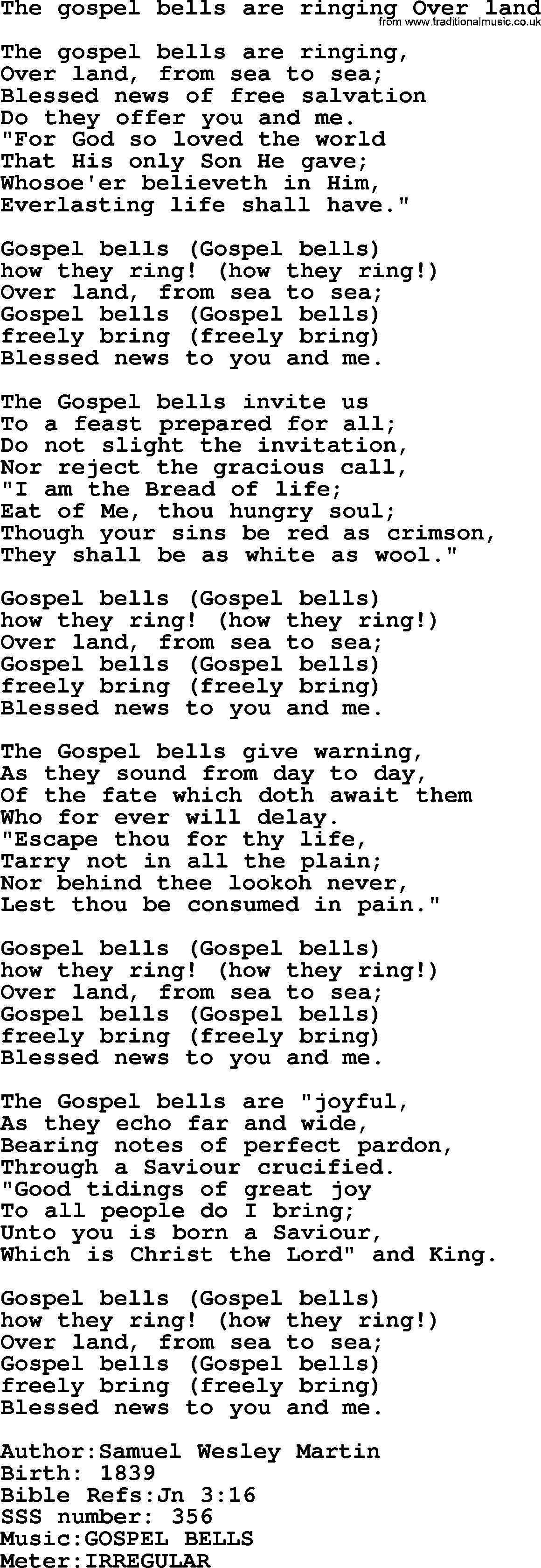 Sacred Songs and Solos complete, 1200 Hymns, title: The Gospel Bells Are Ringing Over Land, lyrics and PDF