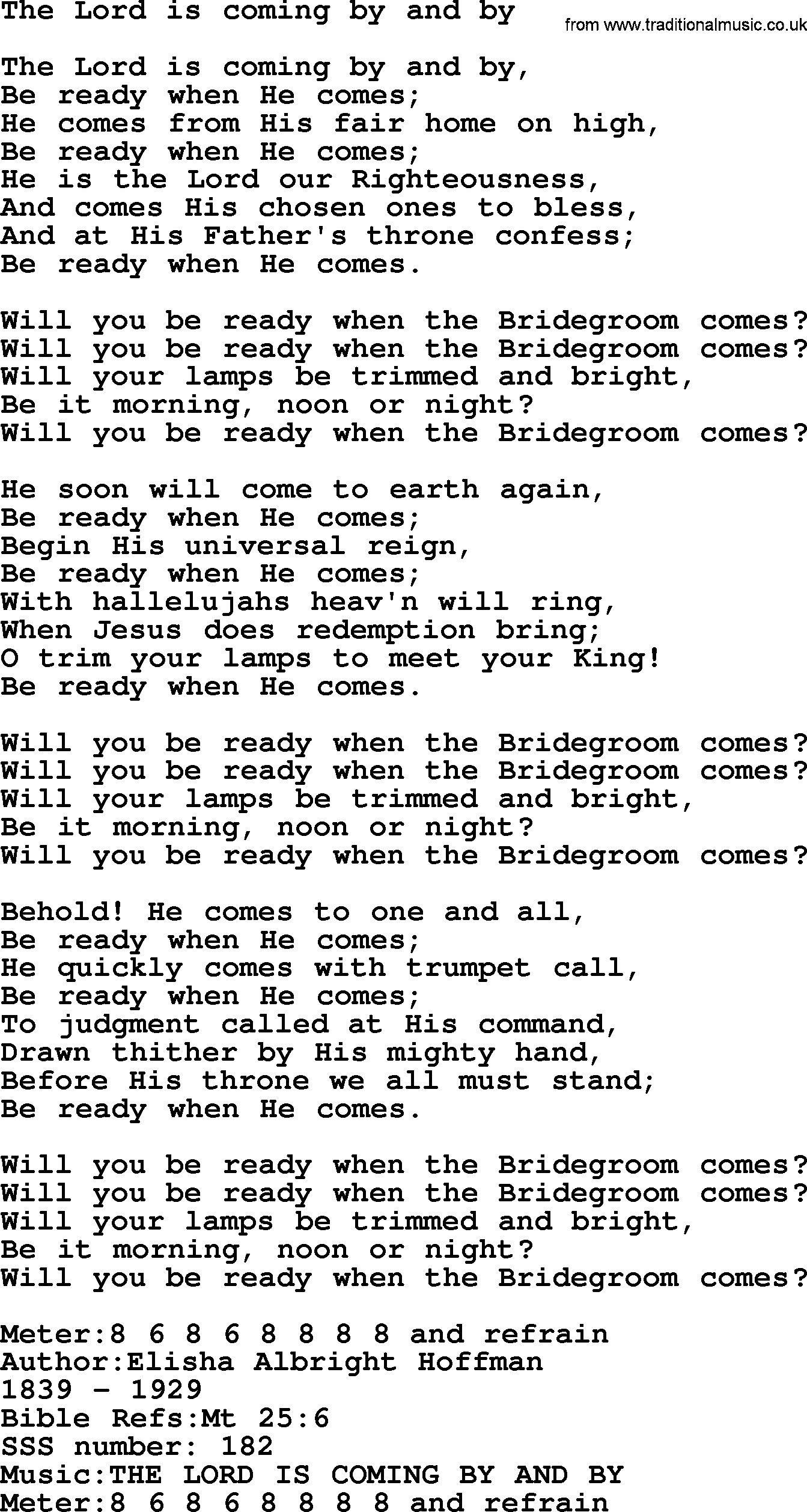 Sacred Songs and Solos complete, 1200 Hymns, title: The Lord Is Coming By And By, lyrics and PDF