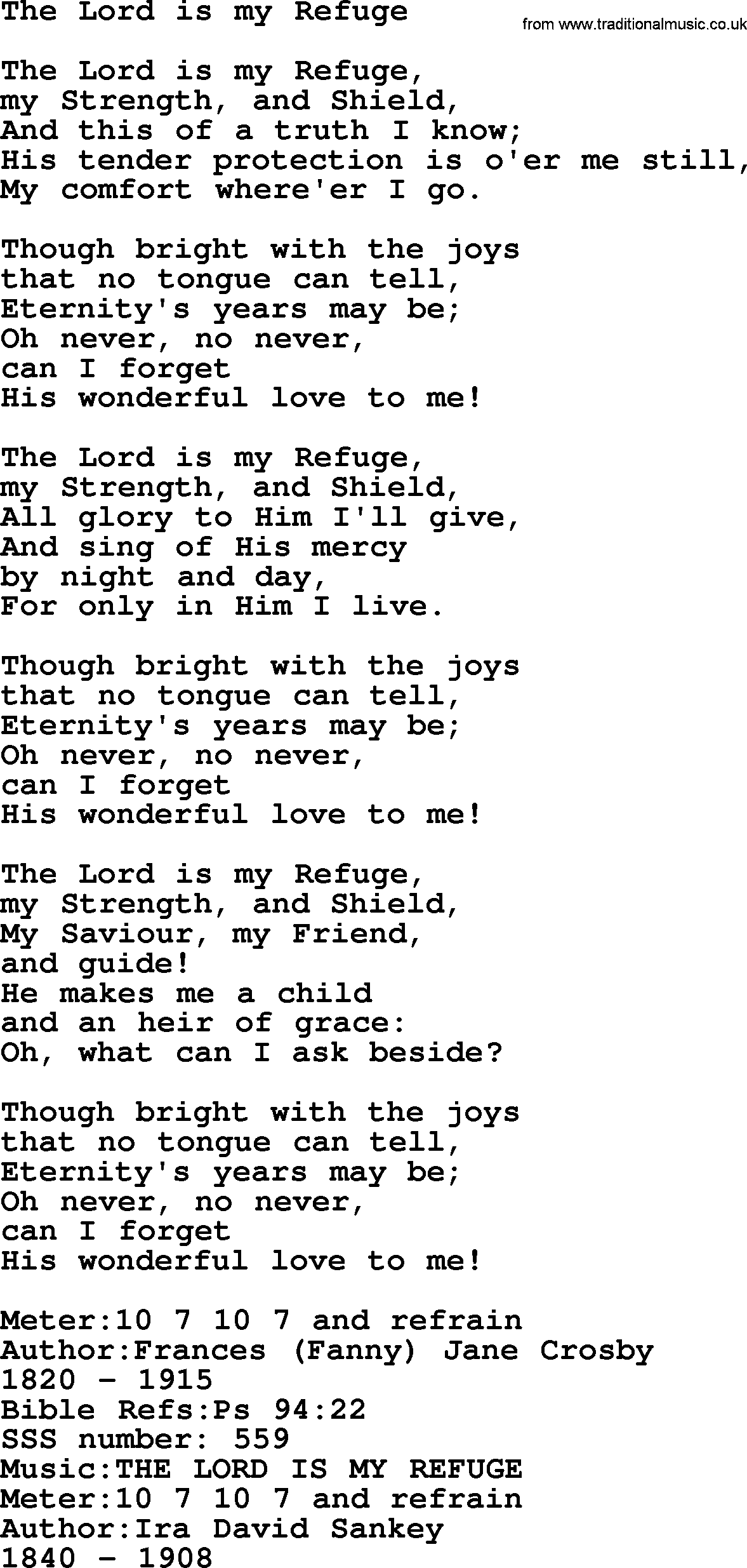 Sacred Songs and Solos complete, 1200 Hymns, title: The Lord Is My Refuge, lyrics and PDF