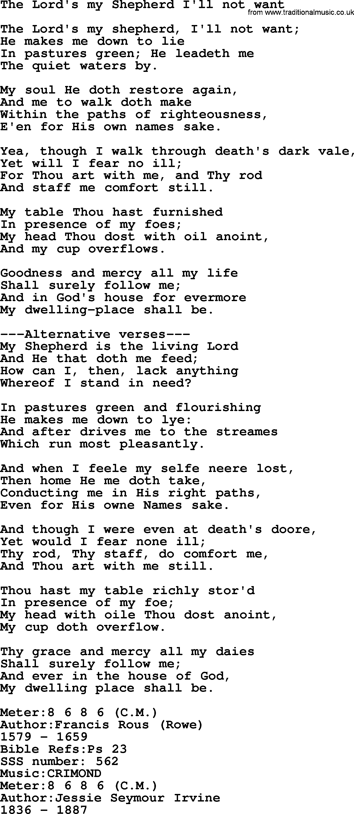 Sacred Songs and Solos complete, 1200 Hymns, title: The Lord's My Shepherd I'll Not Want, lyrics and PDF