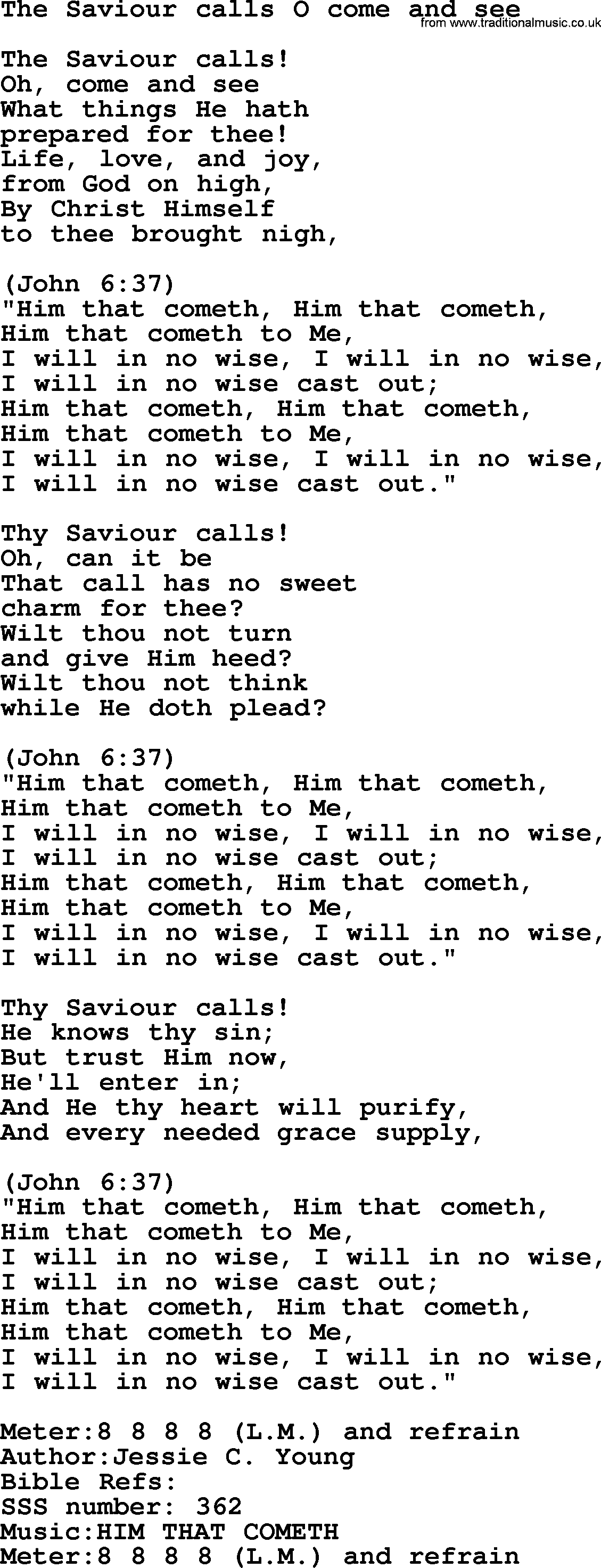 Sacred Songs and Solos complete, 1200 Hymns, title: The Saviour Calls O Come And See, lyrics and PDF
