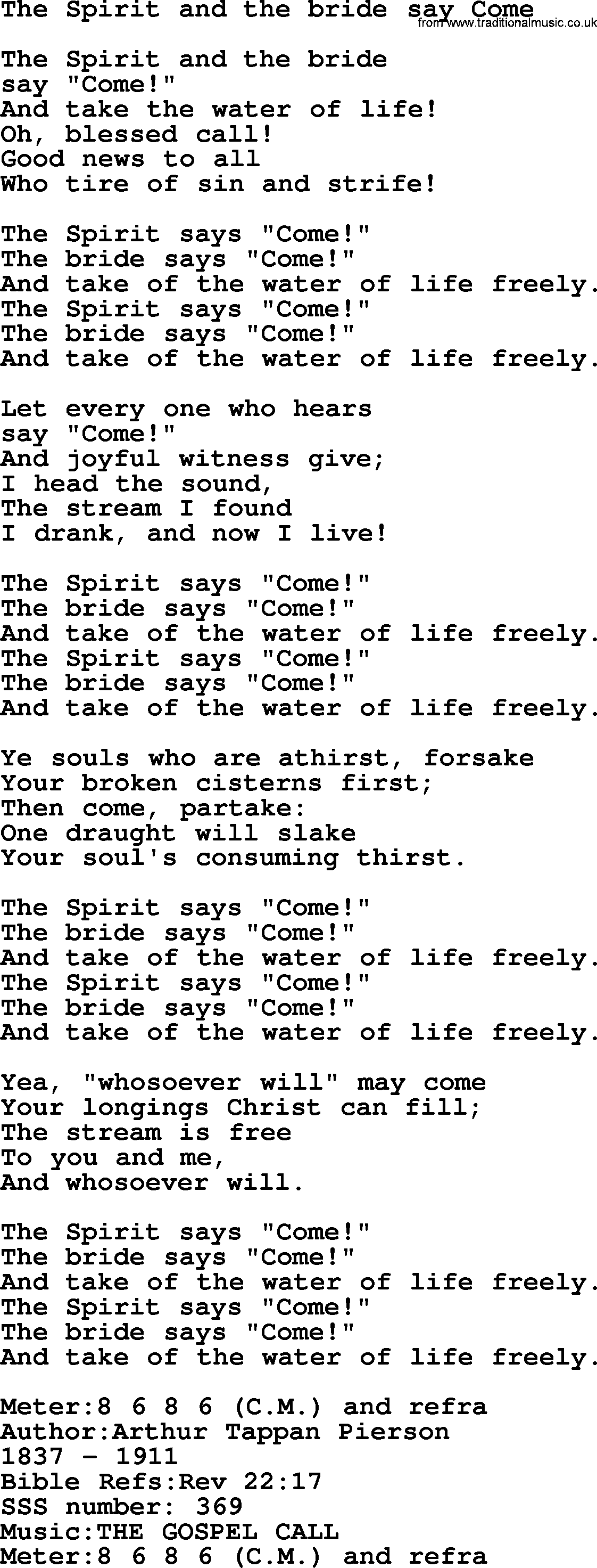 Sacred Songs and Solos complete, 1200 Hymns, title: The Spirit And The Bride Say Come, lyrics and PDF