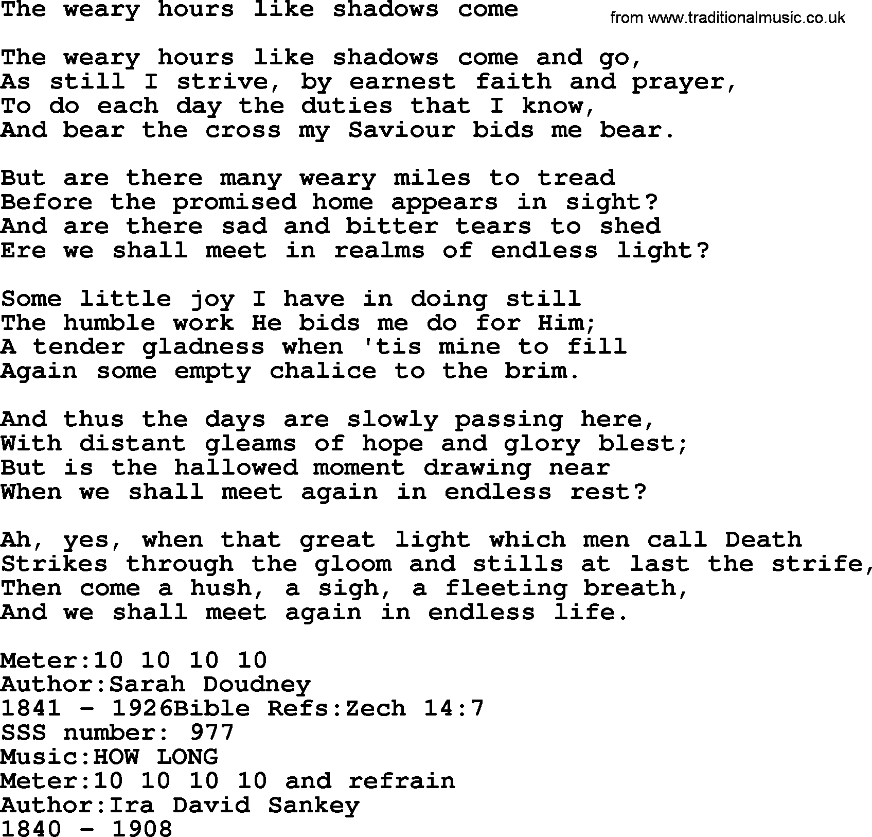 Sacred Songs and Solos complete, 1200 Hymns, title: The Weary Hours Like Shadows Come, lyrics and PDF