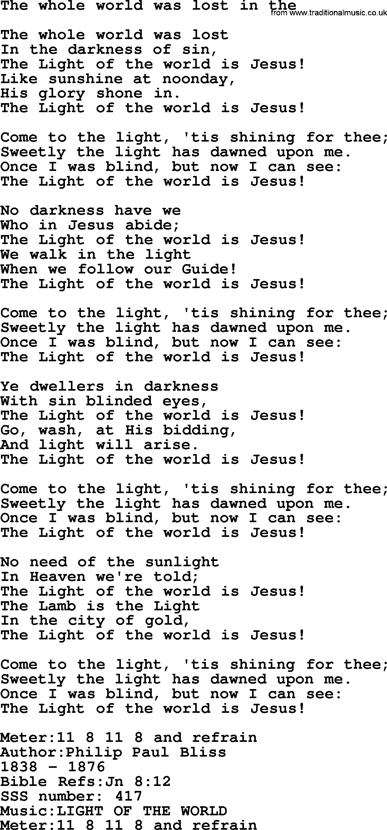 Sacred Songs and Solos complete, 1200 Hymns, title: The Whole World Was Lost In The, lyrics and PDF