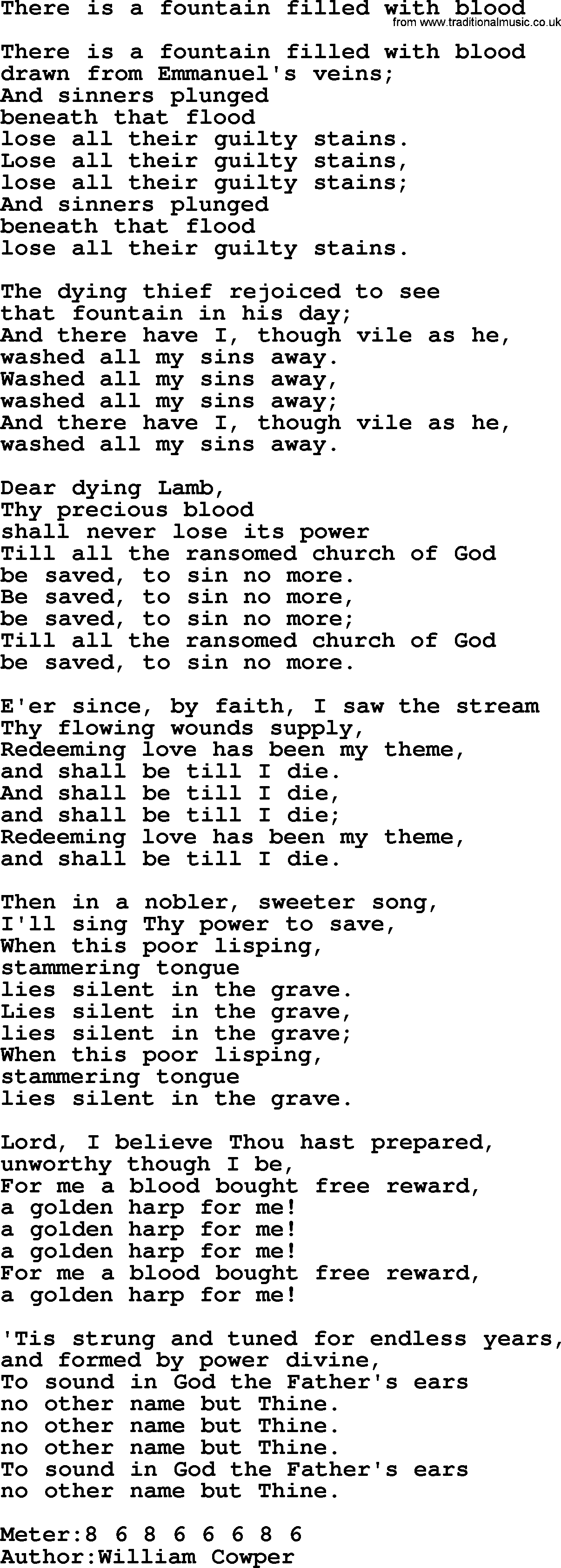 Sacred Songs and Solos complete, 1200 Hymns, title: There Is A Fountain Filled With Blood, lyrics and PDF