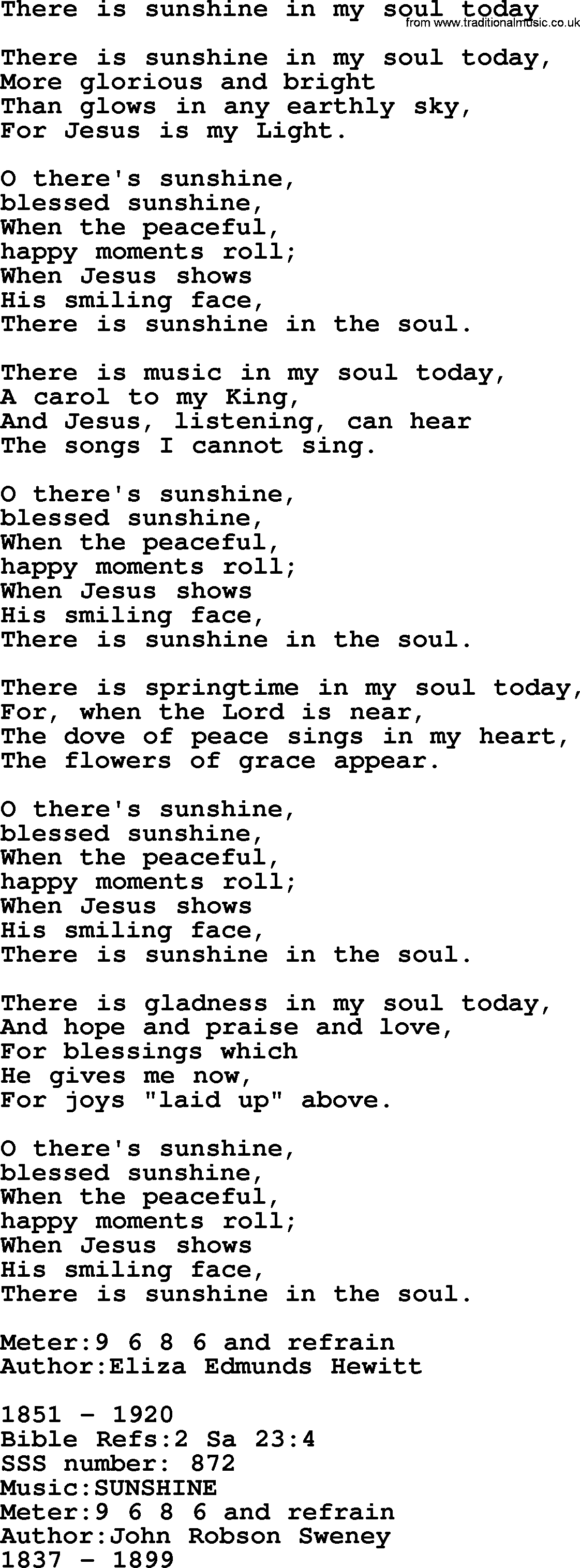Sacred Songs and Solos complete, 1200 Hymns, title: There Is Sunshine In My Soul Today, lyrics and PDF