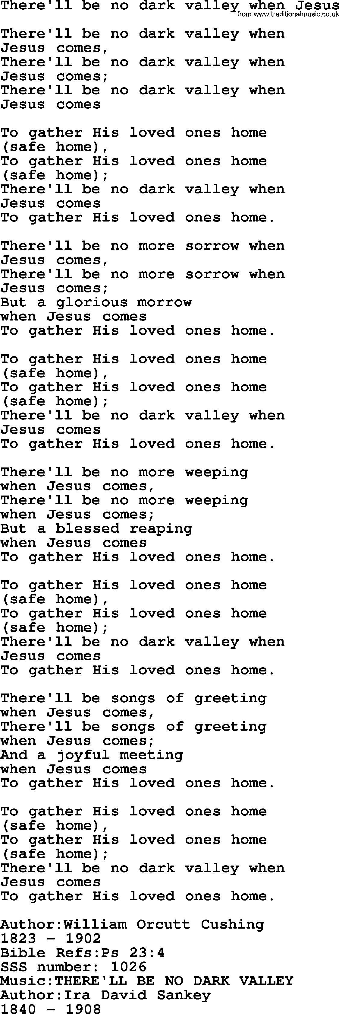 Sacred Songs and Solos complete, 1200 Hymns, title: There'll Be No Dark Valley When Jesus, lyrics and PDF