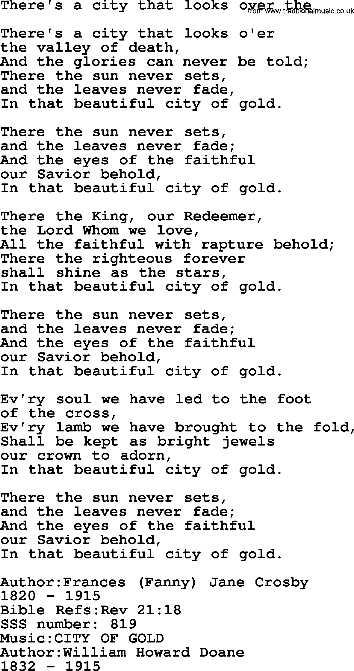 Sacred Songs and Solos complete, 1200 Hymns, title: There's A City That Looks Over The, lyrics and PDF