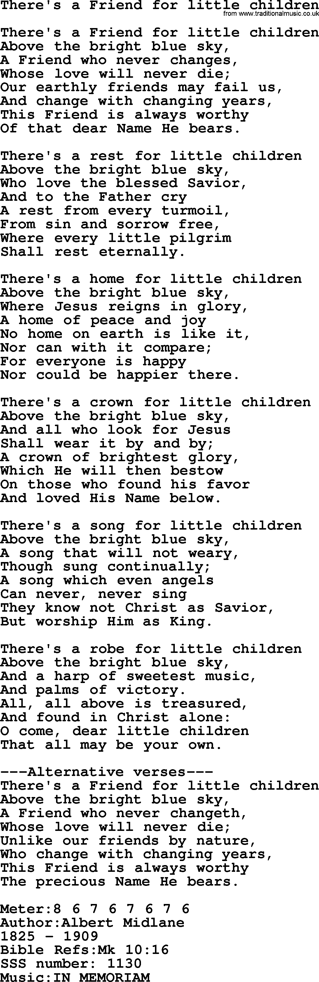 Sacred Songs and Solos complete, 1200 Hymns, title: There's A Friend For Little Children, lyrics and PDF