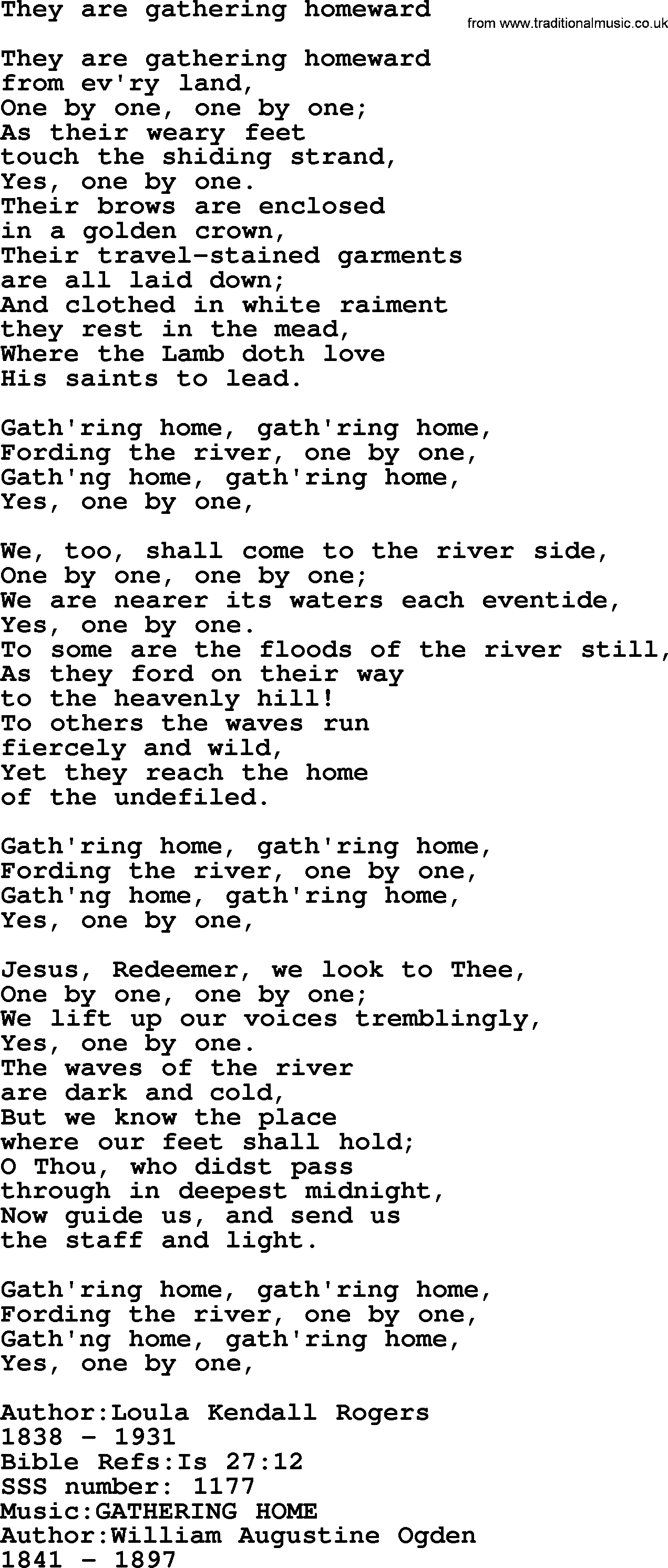 Sacred Songs and Solos complete, 1200 Hymns, title: They Are Gathering Homeward, lyrics and PDF