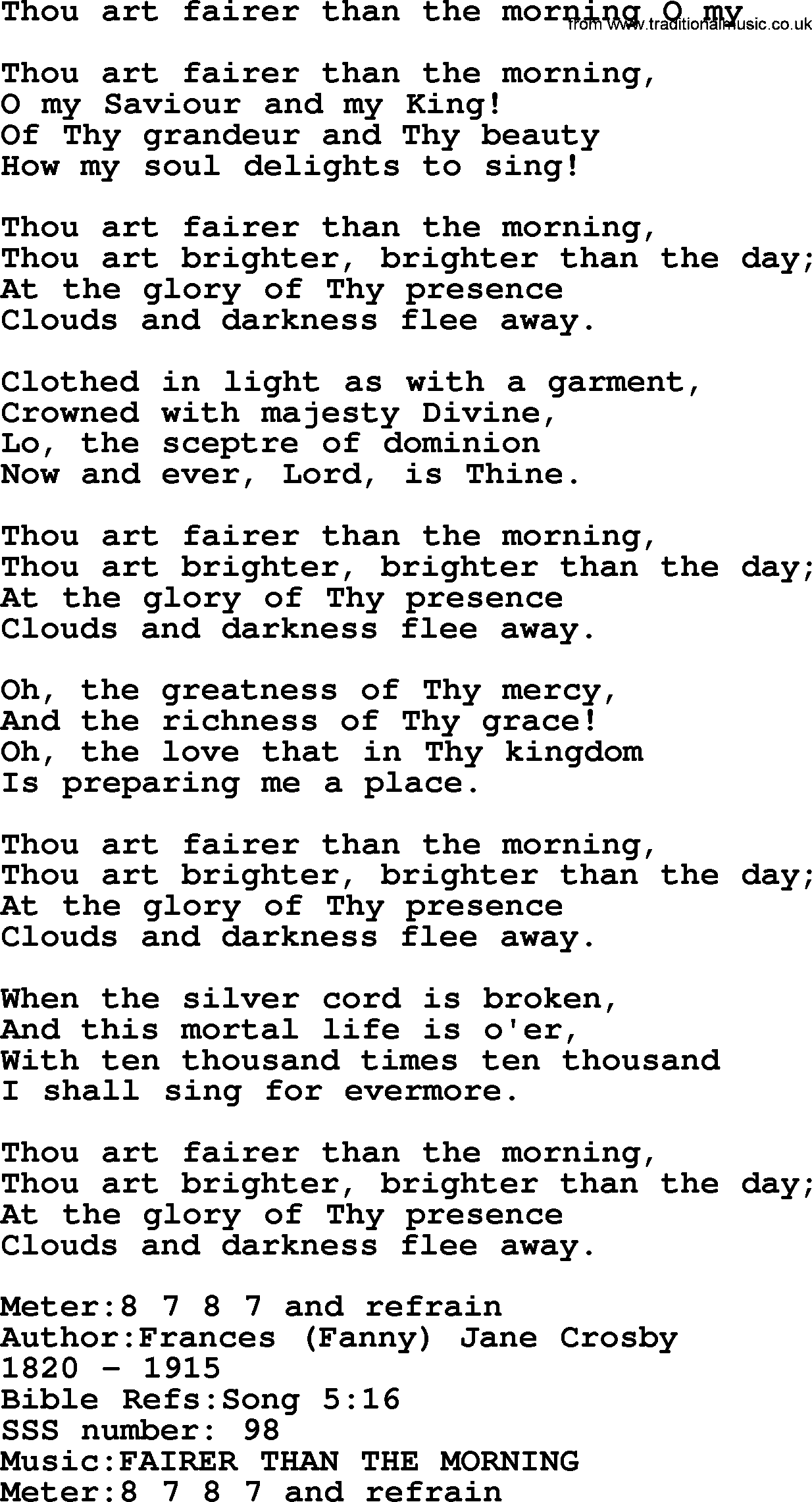 Sacred Songs and Solos complete, 1200 Hymns, title: Thou Art Fairer Than The Morning O My, lyrics and PDF