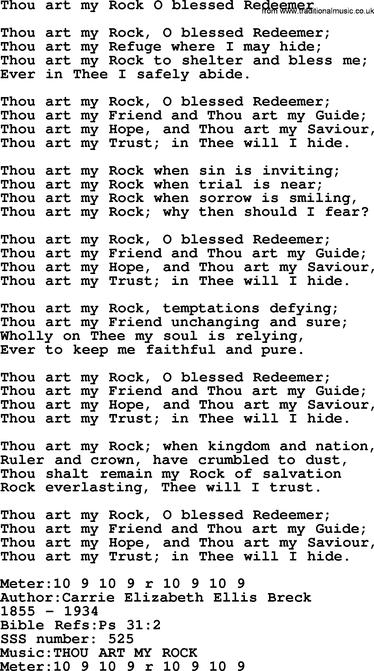 Sacred Songs and Solos complete, 1200 Hymns, title: Thou Art My Rock O Blessed Redeemer, lyrics and PDF