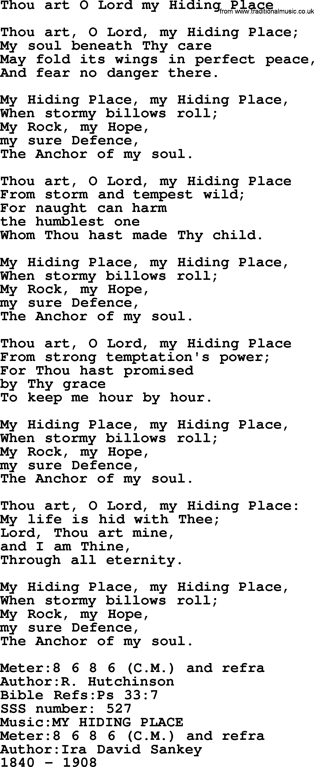 Sacred Songs and Solos complete, 1200 Hymns, title: Thou Art O Lord My Hiding Place, lyrics and PDF
