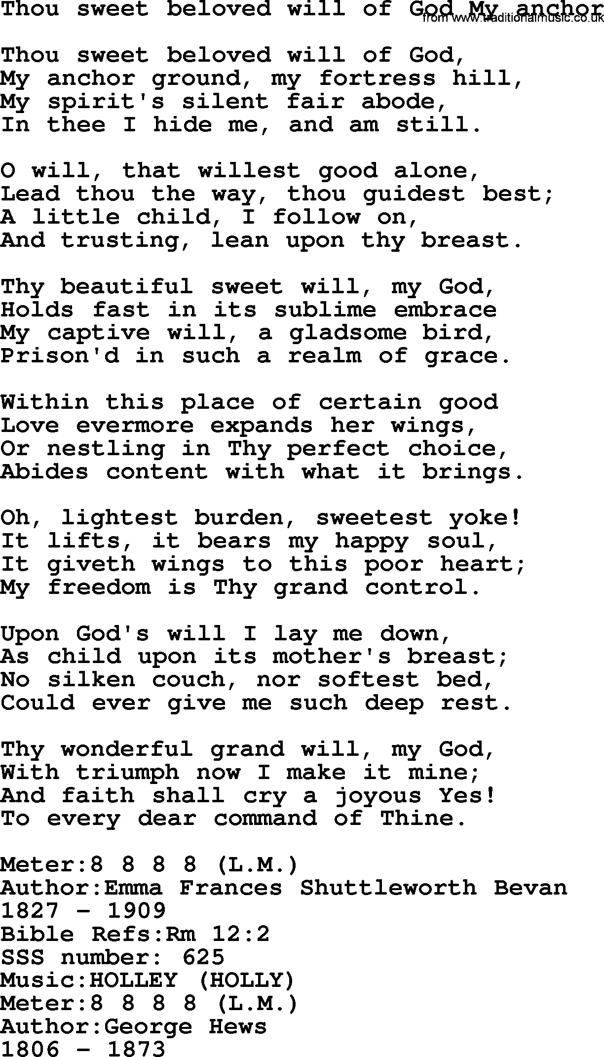 Sacred Songs and Solos complete, 1200 Hymns, title: Thou Sweet Beloved Will Of God My Anchor, lyrics and PDF