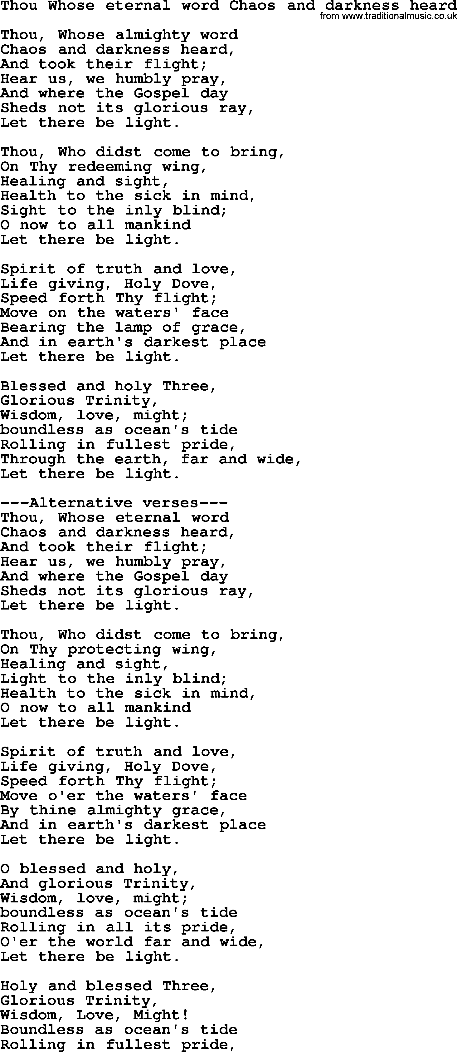 Sacred Songs and Solos complete, 1200 Hymns, title: Thou Whose Eternal Word Chaos And Darkness Heard, lyrics and PDF