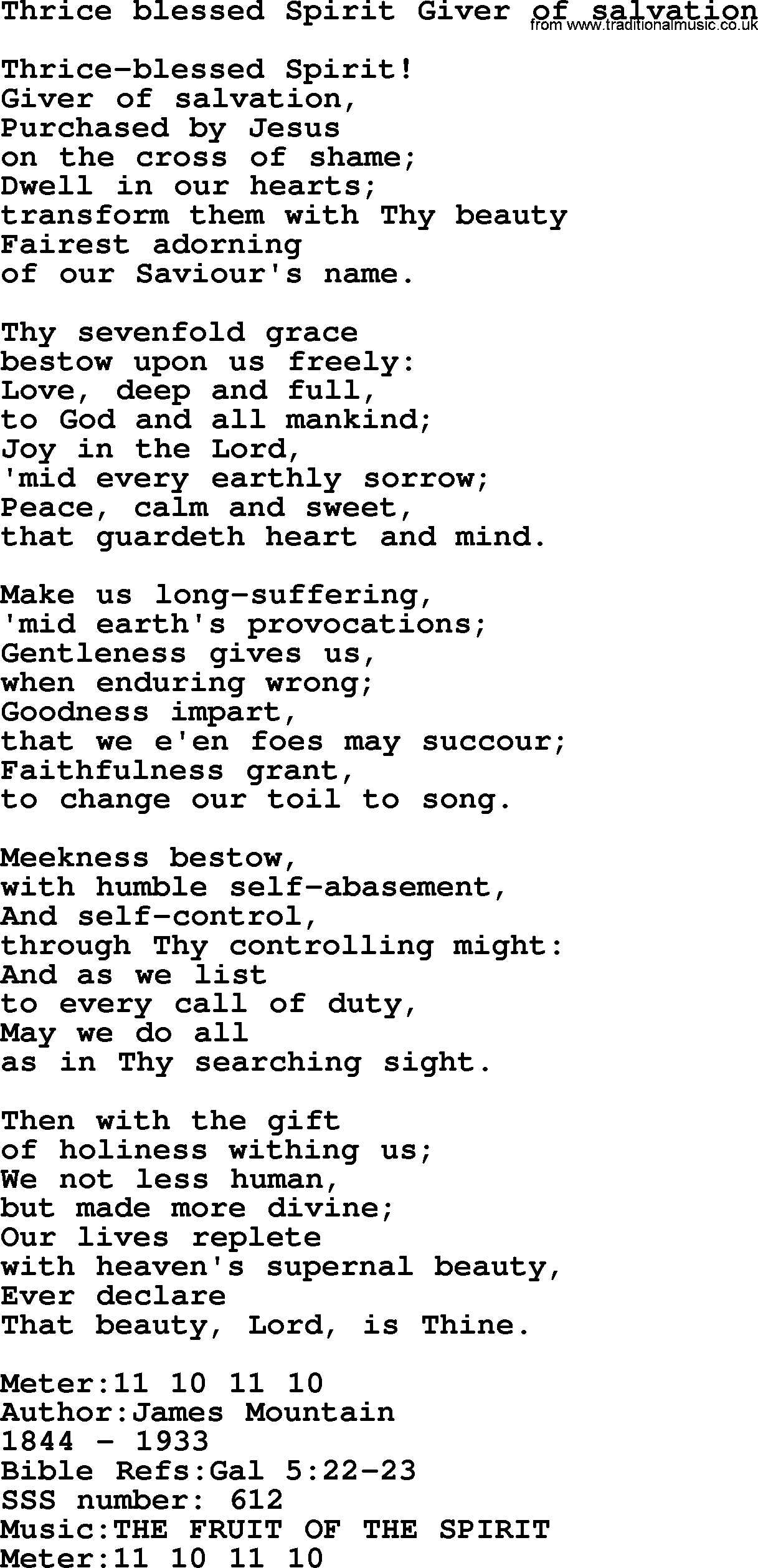 Sacred Songs and Solos complete, 1200 Hymns, title: Thrice Blessed Spirit Giver Of Salvation, lyrics and PDF