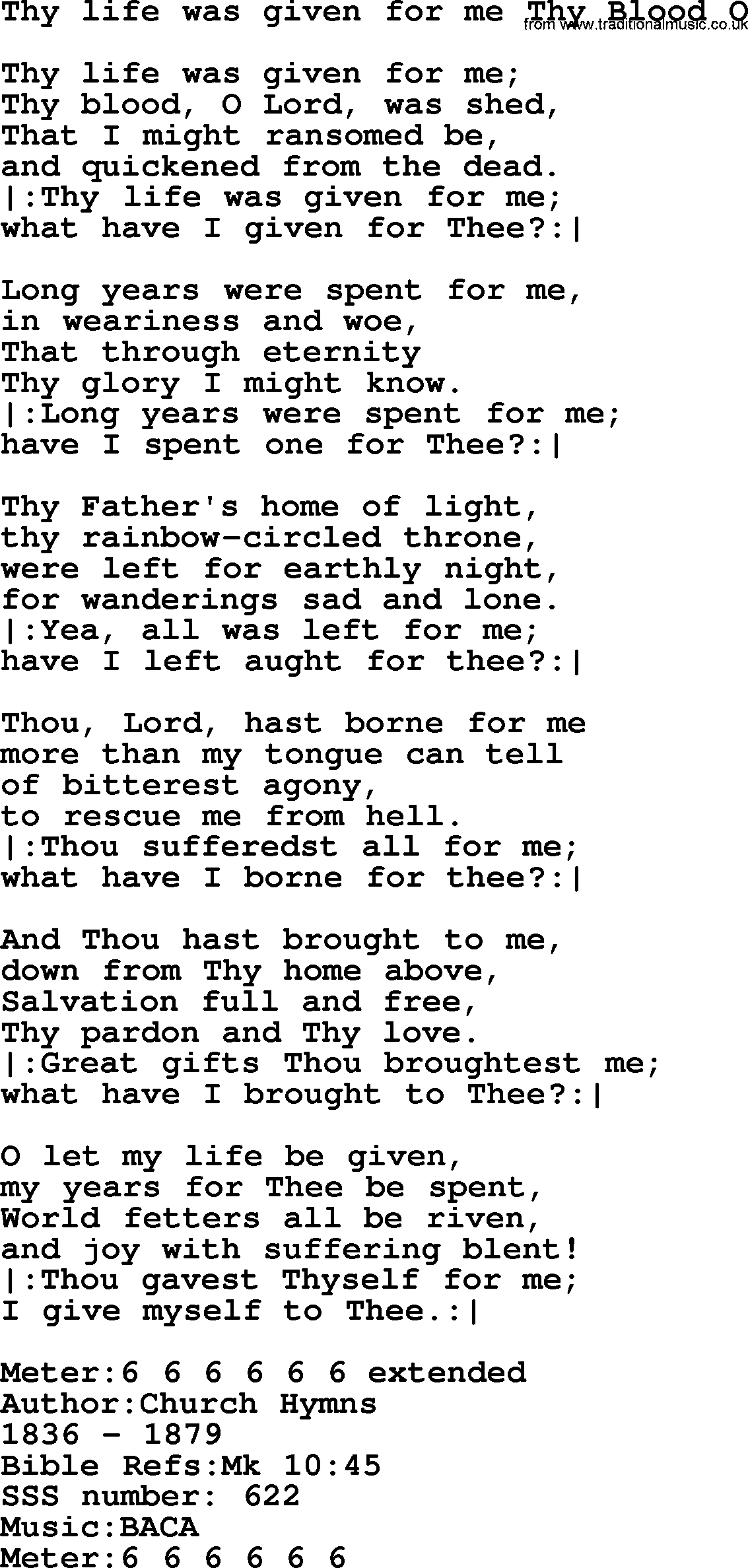 Sacred Songs and Solos complete, 1200 Hymns, title: Thy Life Was Given For Me Thy Blood O, lyrics and PDF