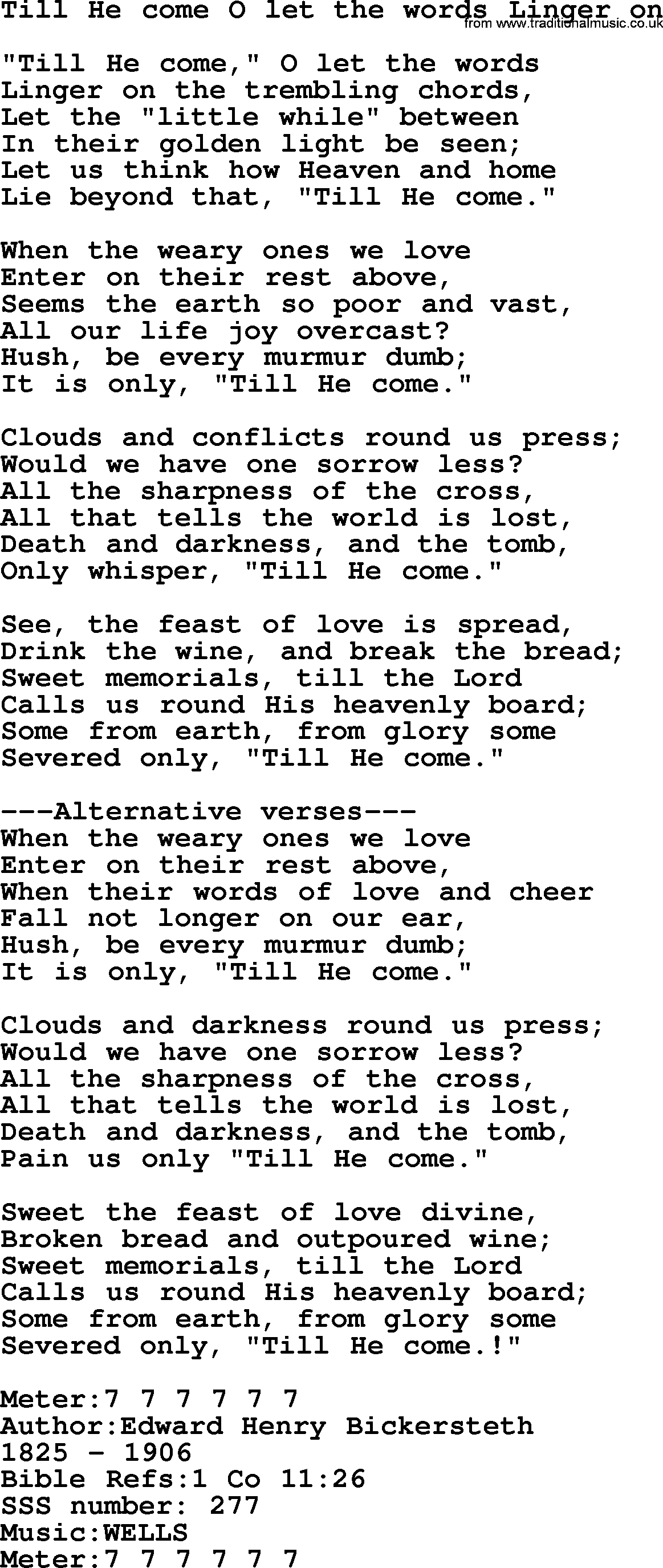 Sacred Songs and Solos complete, 1200 Hymns, title: Till He Come O Let The Words Linger On, lyrics and PDF